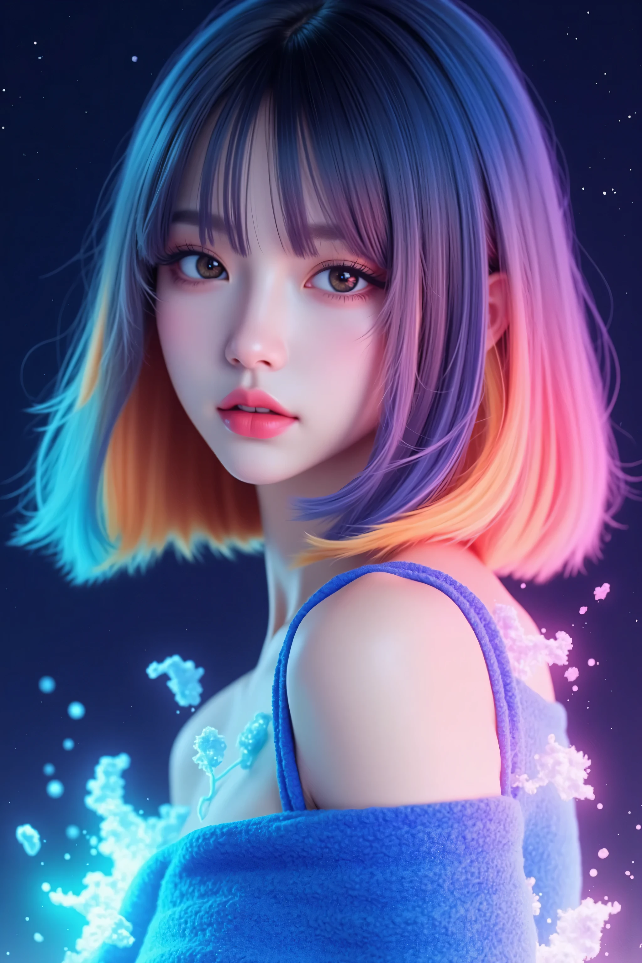 (Asian girl:1.3), beautiful detailed eyes, beautiful detailed lips, extremely detailed eyes and face, long eyelashes, upper body, from side, looking at viewer, (fractal art:1.3), (rainbow color hair, colorful hair, half blue and half pink hair:1.2), water, liquid, cloud, colorful, starry, stars, (best quality, 4k, 8k, highres, masterpiece:1.2), ultra-detailed, (realistic, photorealistic, photo-realistic:1.37), vibrant colors, studio lighting, extremely detailed description, professional, concept art