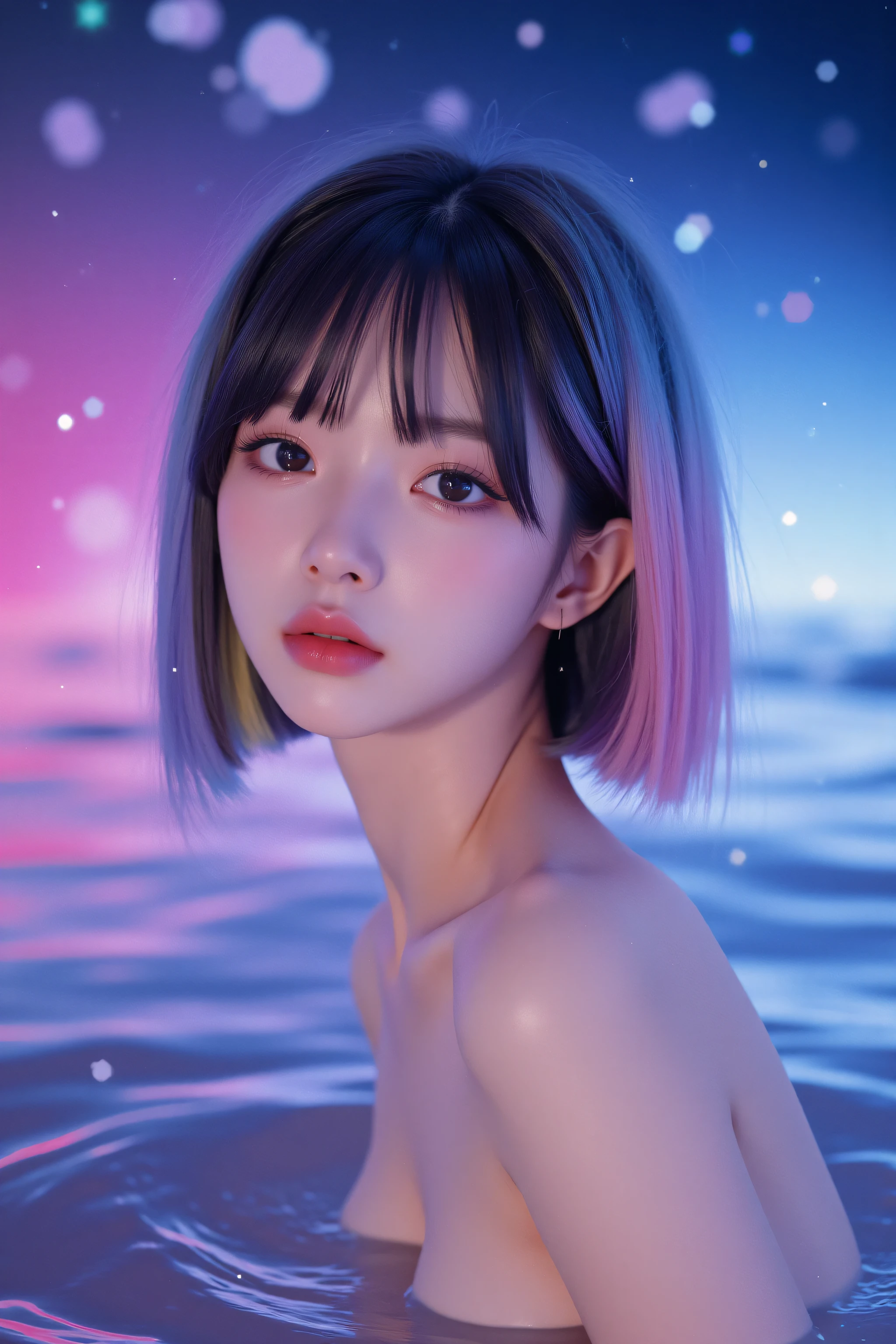 (Asian girl:1.3), beautiful detailed eyes, beautiful detailed lips, extremely detailed eyes and face, long eyelashes, upper body, from side, looking at viewer, (fractal art:1.3), (rainbow color hair, colorful hair, half blue and half pink hair:1.2), water, liquid, cloud, colorful, starry, stars, (best quality, 4k, 8k, highres, masterpiece:1.2), ultra-detailed, (realistic, photorealistic, photo-realistic:1.37), vibrant colors, studio lighting, extremely detailed description, professional, concept art