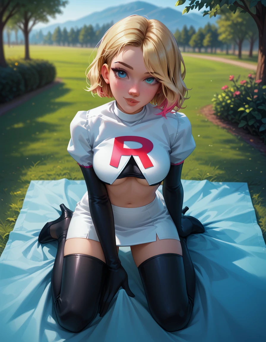 score_9, score_8_up, score_7_up, 1girl, solo, beautiful waifu, thicc, (short hair Gwen Stacy, blonde, colorful highlights:1.2), detailed eyes, detailed face, flirt, looking up at viewer, Cosplay_TeamRocket, team rocket uniform, white jacket, cropped jacket, white skirt, elbow gloves, black thigh highs, heels, underboob, (kneeling, sexy pose:1.3), in beautiful green park, on picnic blanket, trees, lowlight, early evening, shallow depth of field, (POV, shot from above:1.1).