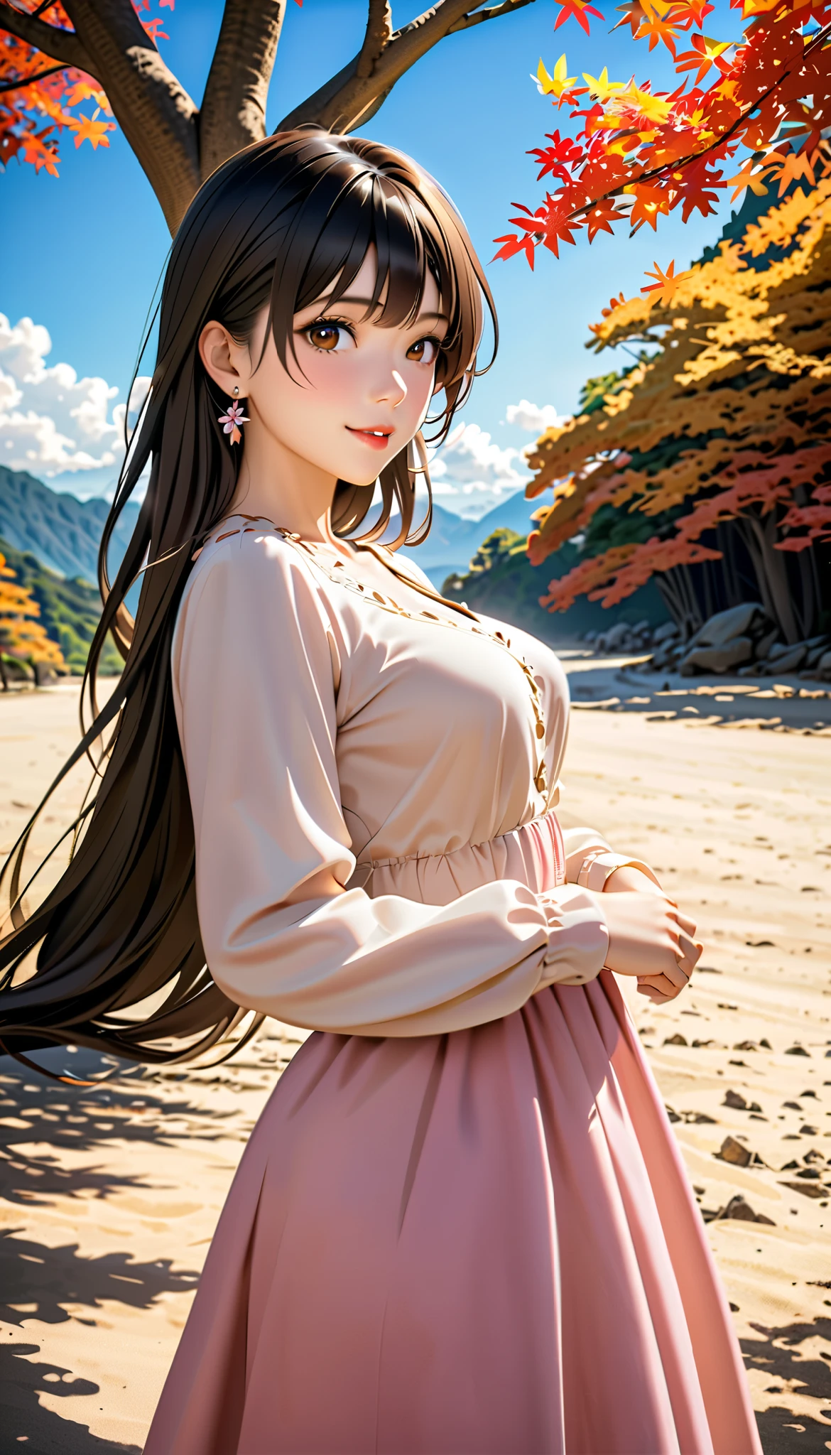   ( top quality,  high image quality,  high definition , 8k),  long-sleeved blouse ,Flowing Long Skirt , Beautiful single woman,  Brown-black hair,  beautiful brown eyes,  pink lips, The cutest face,  Anatomically Beautiful Body , Mid-chest,  earrings for a woman alone,  looking here,  sandy beach,  posing, smile, (Large tree, bird, Mountain々, cloud, autumn leaves),  backgrounds, 