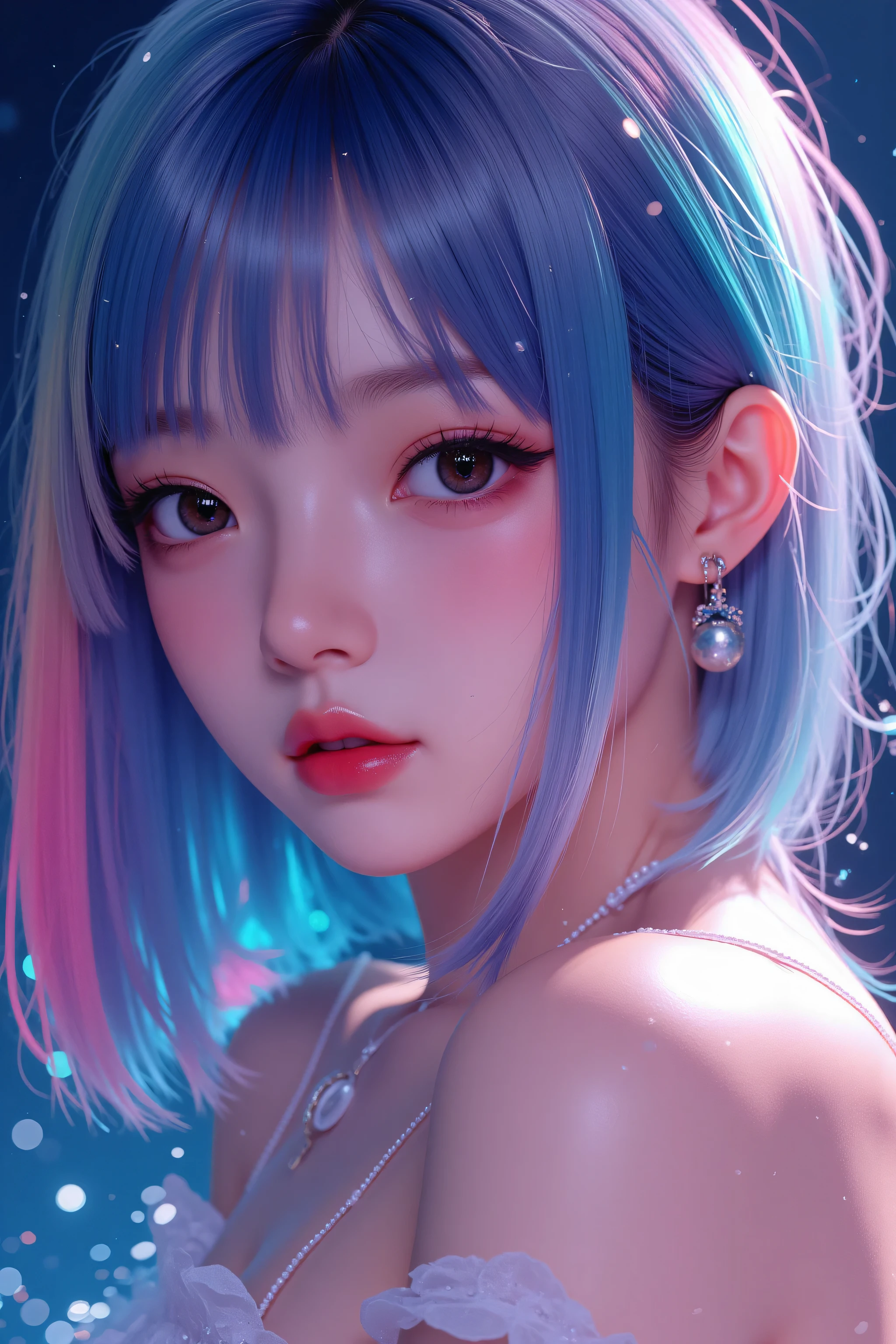 (Asian girl:1.3), beautiful detailed eyes, beautiful detailed lips, extremely detailed eyes and face, long eyelashes, upper body, from side, looking at viewer, (fractal art:1.3), (rainbow color hair, colorful hair, half blue and half pink hair:1.2), water, liquid, cloud, colorful, starry, stars, (best quality, 4k, 8k, highres, masterpiece:1.2), ultra-detailed, (realistic, photorealistic, photo-realistic:1.37), vibrant colors, studio lighting, extremely detailed description, professional, concept art