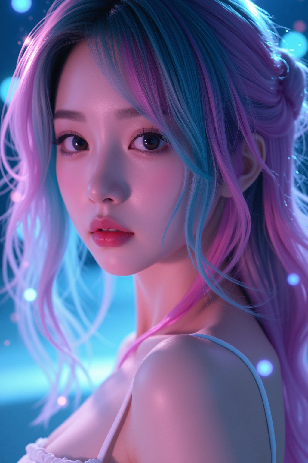 (Asian girl:1.3), beautiful detailed eyes, beautiful detailed lips, extremely detailed eyes and face, long eyelashes, upper body, from side, looking at viewer, (fractal art:1.3), (rainbow color hair, colorful hair, half blue and half pink hair:1.2), water, liquid, cloud, colorful, starry, stars, (best quality, 4k, 8k, highres, masterpiece:1.2), ultra-detailed, (realistic, photorealistic, photo-realistic:1.37), vibrant colors, studio lighting, extremely detailed description, professional, concept art