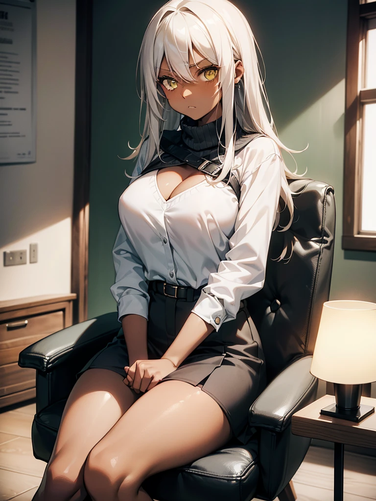 (​masterpiece、top-quality、hight resolution、Unity 8k、extremely details CG:1,Best Picture), ((from front)),Grey hair, yellow eyes,((((dark skin)))), Emphasis on cleavage, A young woman sitting on a simple chair in a cozy indoor studio setting, looking slightly nervous and shy as if she is participating in her first interview. She is wearing modest and properly fitted casual clothing, such as a blouse and skirt or a sweater and jeans, appropriate for a professional setting. Her hands are gently clasped together on her lap, and her posture is slightly stiff, reflecting her initial tension. The background includes soft lighting, a clean and minimalist decor, and a simple table or lamp in the corner. The woman has a natural beauty, with her hair neatly styled, and her expression shows a mix of nervousness and a desire to make a good impression. The atmosphere is professional yet relaxed, emphasizing her beginner status in this fictional scenario.