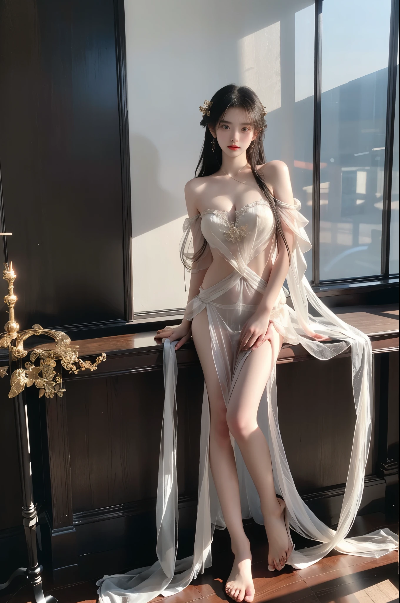 dress,underwear, see-through, chinese clothes, panties , ((full body:1.4)), ((a beautiful fashion model)), standing in an elegant rococo style room, (Full breasts, visible cleavage, very short hemlines, revealing smooth thighs), leaning on the window sill, perfect long legs, professional model pose, hands on knees, leaning forward, slim t-walk proportion, photorealistic, hyperrealistic details, perfect facial features, fashion photography, professional lighting, warm tungsten lights in dark room, moody atmosphere, night scene, golden ratio composition, high-end fashion editorial, soft shadows, dimly lit interior, ornate baroque furniture, vintage wallpaper, luxury curtains, perfect symmetry, sharp focus, canon EOS R5, 85mm portrait lens, dramatic lighting, volumetric lighting, cinematic, ultra detailed, 8k resolution