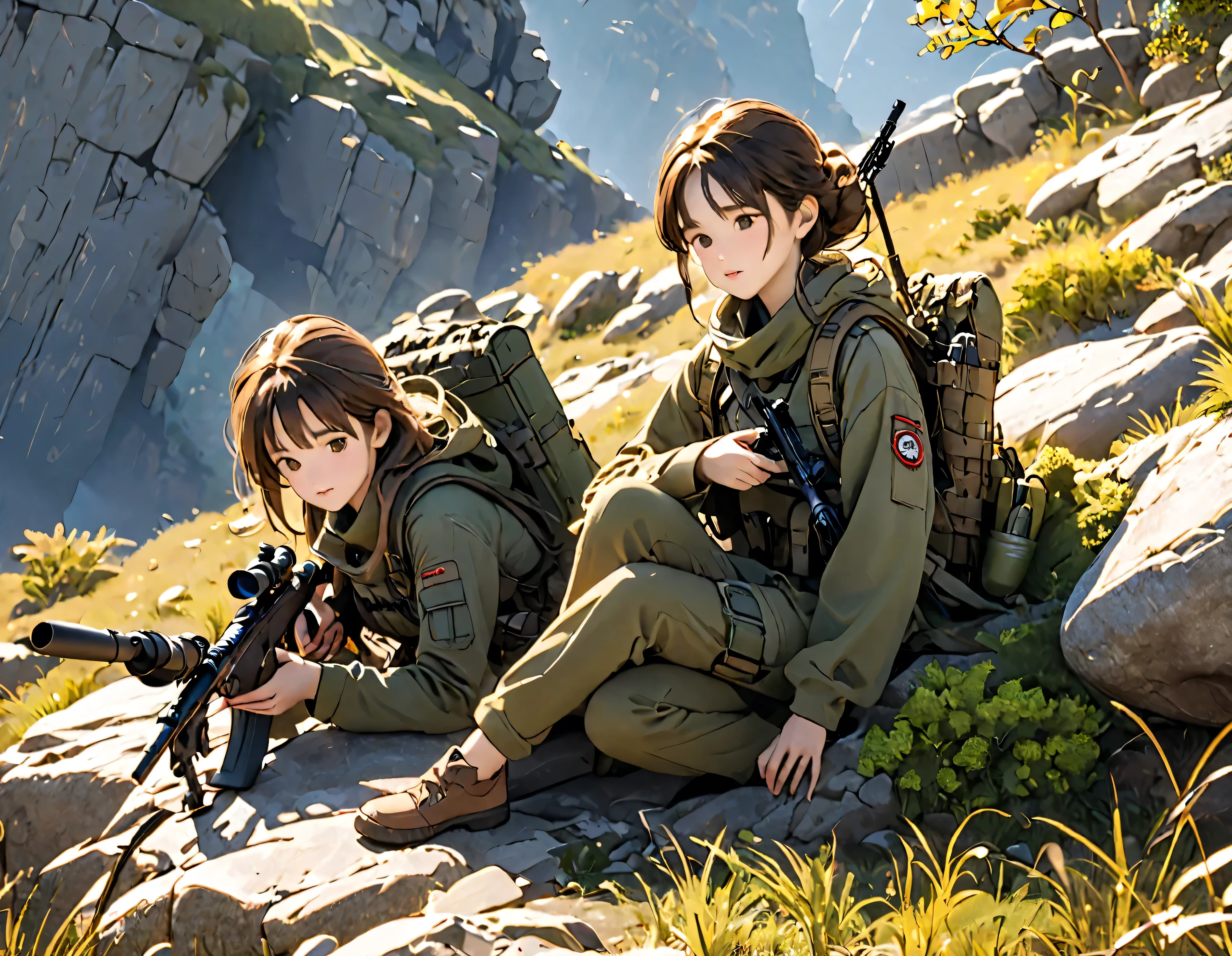  top quality、  Masterpiece  、(( very detailed CG integration 8K wallpaper)), On a Small Cliff 、(((２ women )))、((( Female Spotter 、Female Sniper)))、2 Person Cell :1.2、 Sniper and Spotter :1.2、((( Spotter Observing 、 Napping Sniper )))、Ghillie Suit、