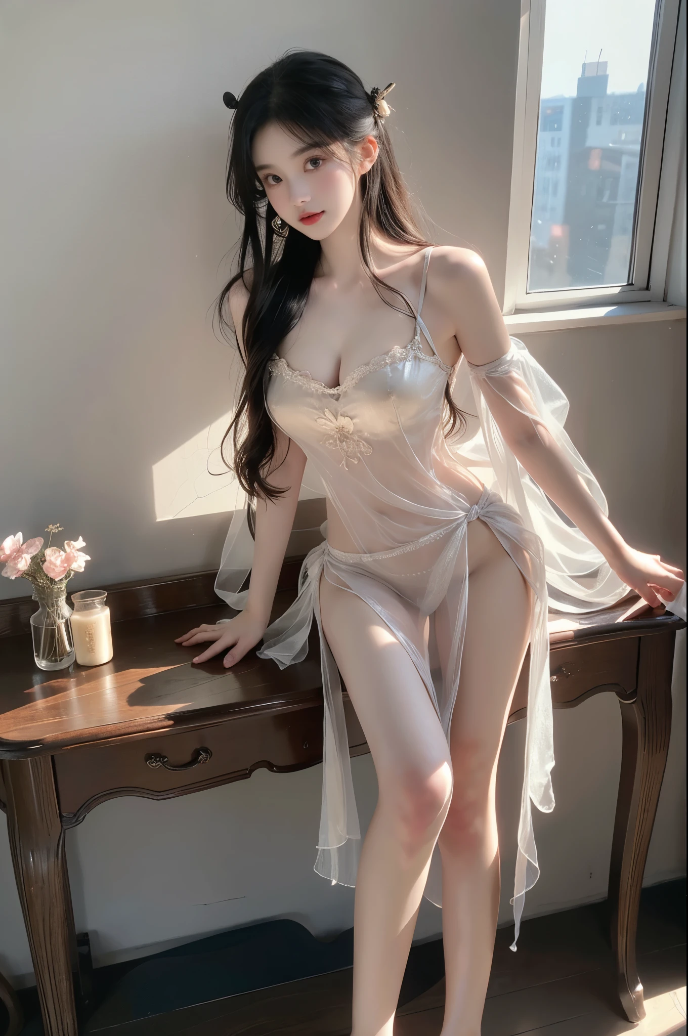 dress,underwear, see-through, chinese clothes, panties , ((full body:1.4)), ((a beautiful fashion model)), standing in an elegant rococo style room, (Full breasts, visible cleavage, very short hemlines, revealing smooth thighs), leaning on the window sill, perfect long legs, professional model pose, hands on knees, leaning forward, slim t-walk proportion, photorealistic, hyperrealistic details, perfect facial features, fashion photography, professional lighting, warm tungsten lights in dark room, moody atmosphere, night scene, golden ratio composition, high-end fashion editorial, soft shadows, dimly lit interior, ornate baroque furniture, vintage wallpaper, luxury curtains, perfect symmetry, sharp focus, canon EOS R5, 85mm portrait lens, dramatic lighting, volumetric lighting, cinematic, ultra detailed, 8k resolution