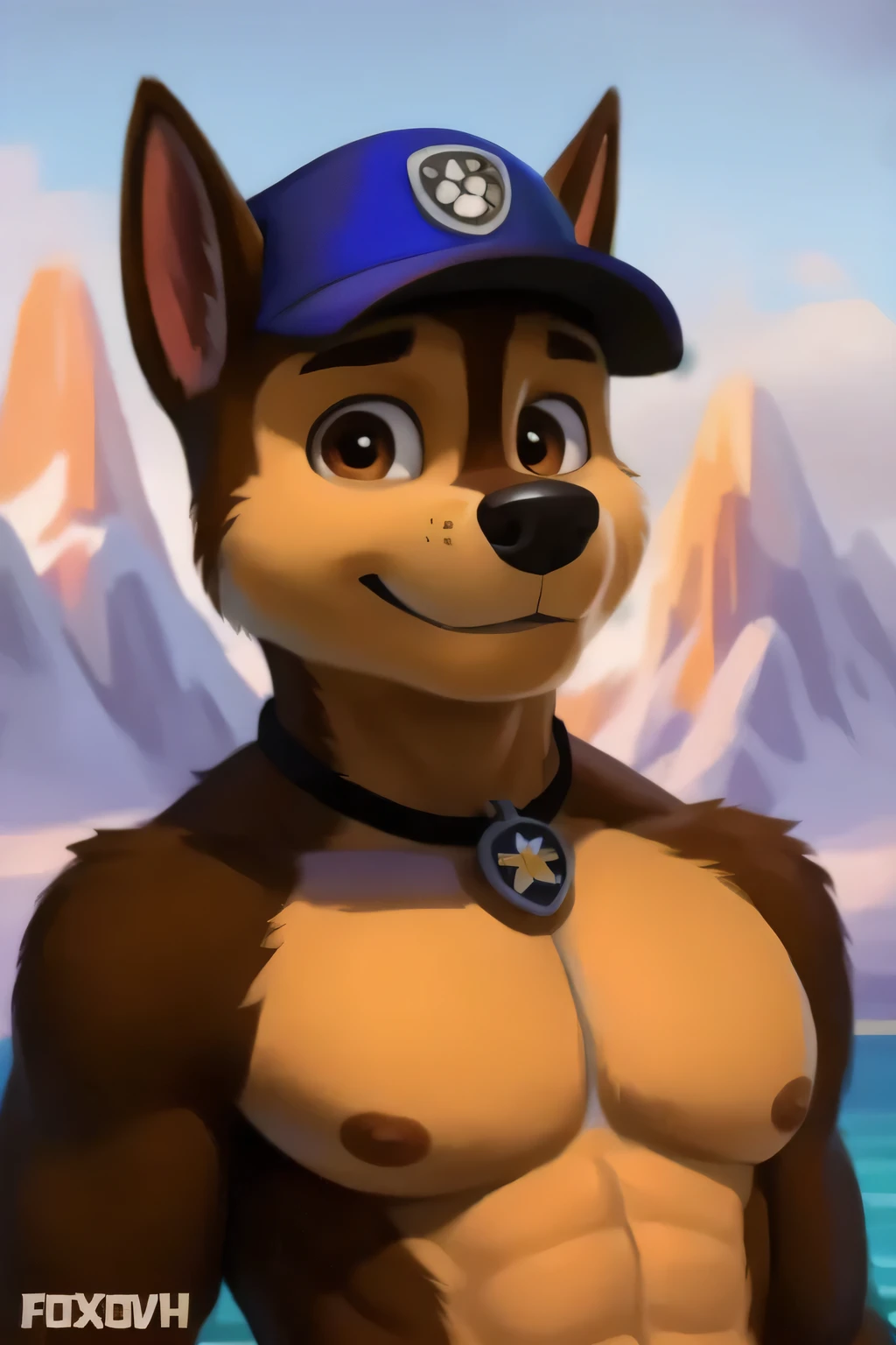 Chase smirking as he is exposing his body to the POV viewer, detailed fluffy fur texture, impasto impressionism, (by foxovh, ross tran, michael garmash, pino daeni, iskra), detailed eyes, highly detailed pupils, solo, furry, anthro, chase-pp, domestic dog, male, brown eyes, brown fur, light brown body, fur body, detailed fluffy fur texture, curvy, 1boy, muscular, detailed muscles, large and big pecs