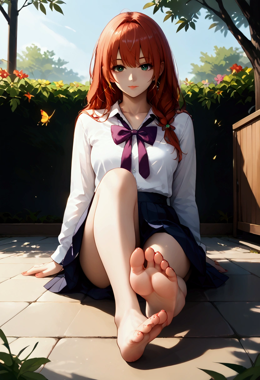 Create an anime-style illustration of a young woman with long, black, twin-tail hair. She is sitting in a relaxed pose, her feet visible in the foreground, delicately drawn with attention to detail. The character has a soft, elegant appearance, wearing a stylish outfit such as a school uniform or casual attire. The background features a serene outdoor scene, like a park or garden, with warm lighting to create a calm and inviting atmosphere. The overall style should capture the vibrant and expressive essence of anime.








