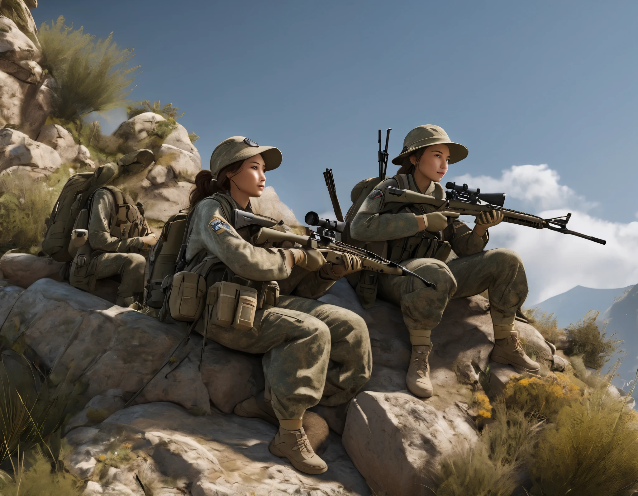  top quality、  Masterpiece  、(( very detailed CG integration 8K wallpaper)), On a Small Cliff 、(((２ women )))、((( Female Spotter 、Female Sniper)))、2 Person Cell :1.2、 Sniper and Spotter :1.2、((( Spotter Observing 、 Napping Sniper )))、Ghillie Suit、