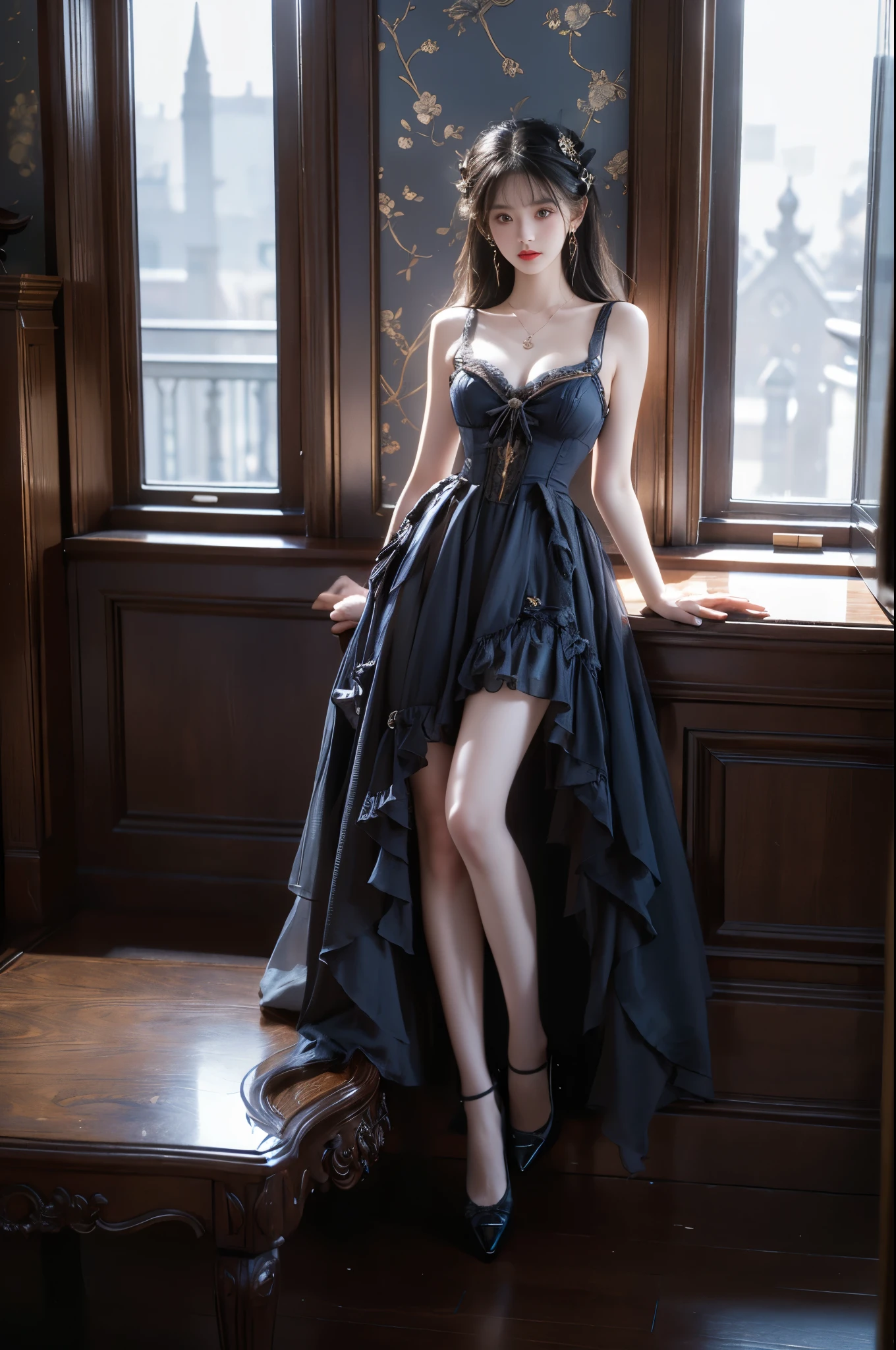 blue dress , ((full body:1.4)), ((a beautiful fashion model)), standing in an elegant rococo style room, (Full breasts, visible cleavage, very short hemlines, revealing smooth thighs), leaning on the window sill, perfect long legs, professional model pose, hands on knees, leaning forward, slim t-walk proportion, photorealistic, hyperrealistic details, perfect facial features, fashion photography, professional lighting, warm tungsten lights in dark room, moody atmosphere, night scene, golden ratio composition, high-end fashion editorial, soft shadows, dimly lit interior, ornate baroque furniture, vintage wallpaper, luxury curtains, perfect symmetry, sharp focus, canon EOS R5, 85mm portrait lens, dramatic lighting, volumetric lighting, cinematic, ultra detailed, 8k resolution