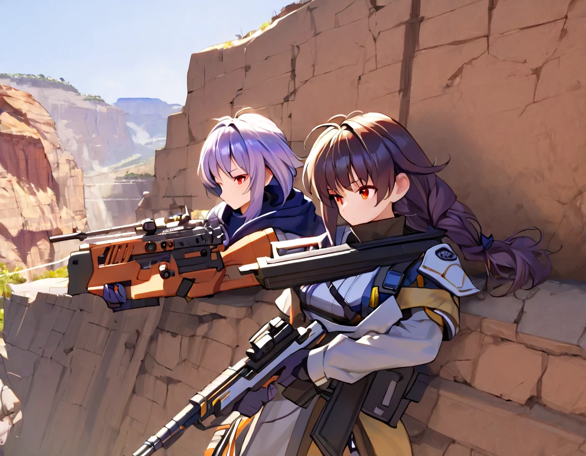  top quality、  Masterpiece  、(( very detailed CG integration 8K wallpaper)), On a Small Cliff 、(((２ women )))、((( Female Spotter 、Female Sniper)))、2 Person Cell :1.2、 Sniper and Spotter :1.2、((( Spotter Observing 、 Napping Sniper )))、Ghillie Suit、