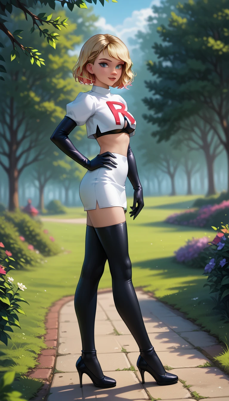 score_9, score_8_up, score_7_up, 1girl, solo, beautiful waifu, thicc, (short hair Gwen Stacy, blonde, colorful highlights:1.2), detailed eyes, detailed face, flirt, Cosplay_TeamRocket, team rocket uniform, white jacket, cropped jacket, white skirt, elbow gloves, black thigh highs, heels, underboob, (hand on hip, hip out, sexy pose:1.3), in beautiful green park, trees, lowlight, early evening, shallow depth of field, (side view, full body shot:1.1).