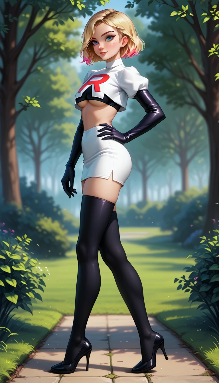 score_9, score_8_up, score_7_up, 1girl, solo, beautiful waifu, thicc, (short hair Gwen Stacy, blonde, colorful highlights:1.2), detailed eyes, detailed face, flirt, Cosplay_TeamRocket, team rocket uniform, white jacket, cropped jacket, white skirt, elbow gloves, black thigh highs, heels, underboob, (hand on hip, hip out, sexy pose:1.3), in beautiful green park, trees, lowlight, early evening, shallow depth of field, (side view, full body shot:1.1).