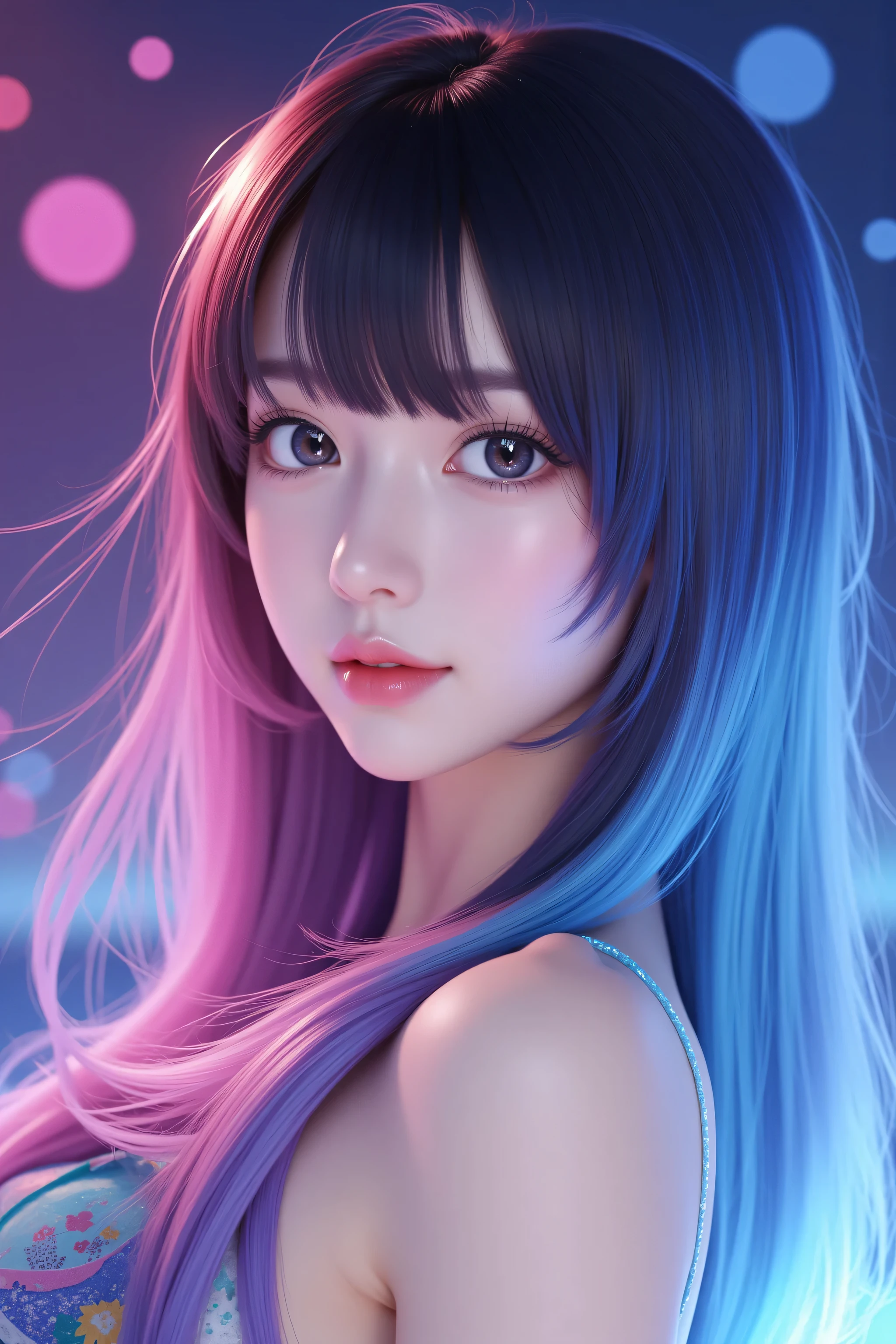 (Asian girl:1.3), beautiful detailed eyes, beautiful detailed lips, extremely detailed eyes and face, long eyelashes, upper body, from side, looking at viewer, (fractal art:1.3), (rainbow color hair, colorful hair, half blue and half pink hair:1.2), water, liquid, cloud, colorful, starry, stars, (best quality, 4k, 8k, highres, masterpiece:1.2), ultra-detailed, (realistic, photorealistic, photo-realistic:1.37), vibrant colors, studio lighting, extremely detailed description, professional, concept art