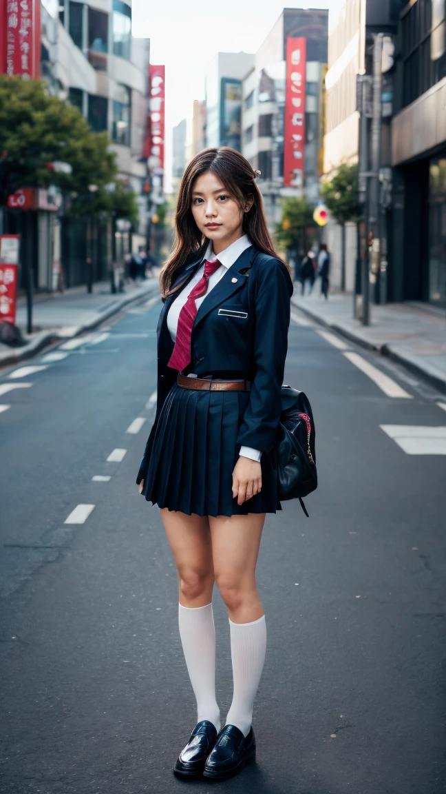 a beautiful 18 year old Japanese high school girl with perfect anatomy, healthy thighs, beautiful legs, beautiful skin, random hair color and style, large breasts, (wearing a Japanese schoolgirl uniform:1.3), (she is standing:1.2), penny loafers, holding a student bag, full body shot, standing on a city street, (best quality,4k,8k,highres,masterpiece:1.3),(extremely detailed:1.2),photorealistic,ultra-detailed,vivid colors, studio lighting, professional, Kasumi Arimura