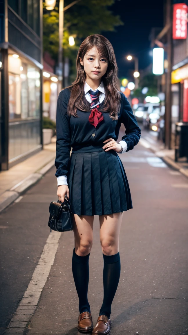 a beautiful 18 year old Japanese high school girl with perfect anatomy, healthy thighs, beautiful legs, beautiful skin, random hair color and style, large breasts, (wearing a Japanese schoolgirl uniform:1.3), (she is standing:1.2), penny loafers, holding a student bag, full body shot, standing on a city street, (best quality,4k,8k,highres,masterpiece:1.3),(extremely detailed:1.2),photorealistic,ultra-detailed,vivid colors, studio lighting, professional, Kasumi Arimura