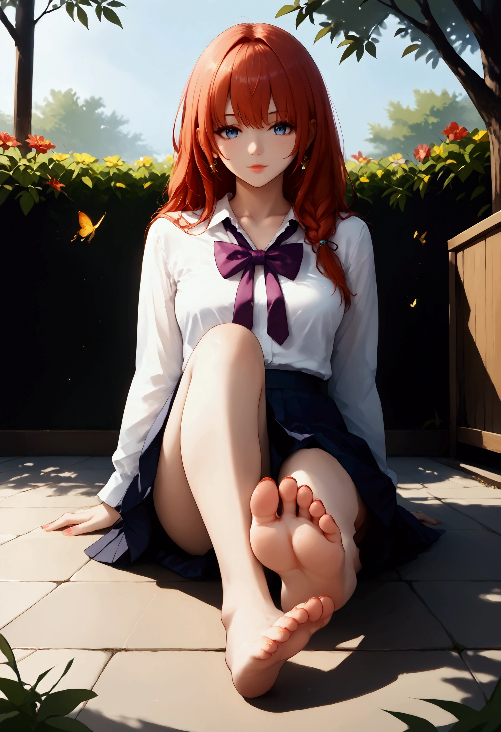 Create an anime-style illustration of a young woman with long, black, twin-tail hair. She is sitting in a relaxed pose, her feet visible in the foreground, delicately drawn with attention to detail. The character has a soft, elegant appearance, wearing a stylish outfit such as a school uniform or casual attire. The background features a serene outdoor scene, like a park or garden, with warm lighting to create a calm and inviting atmosphere. The overall style should capture the vibrant and expressive essence of anime.








