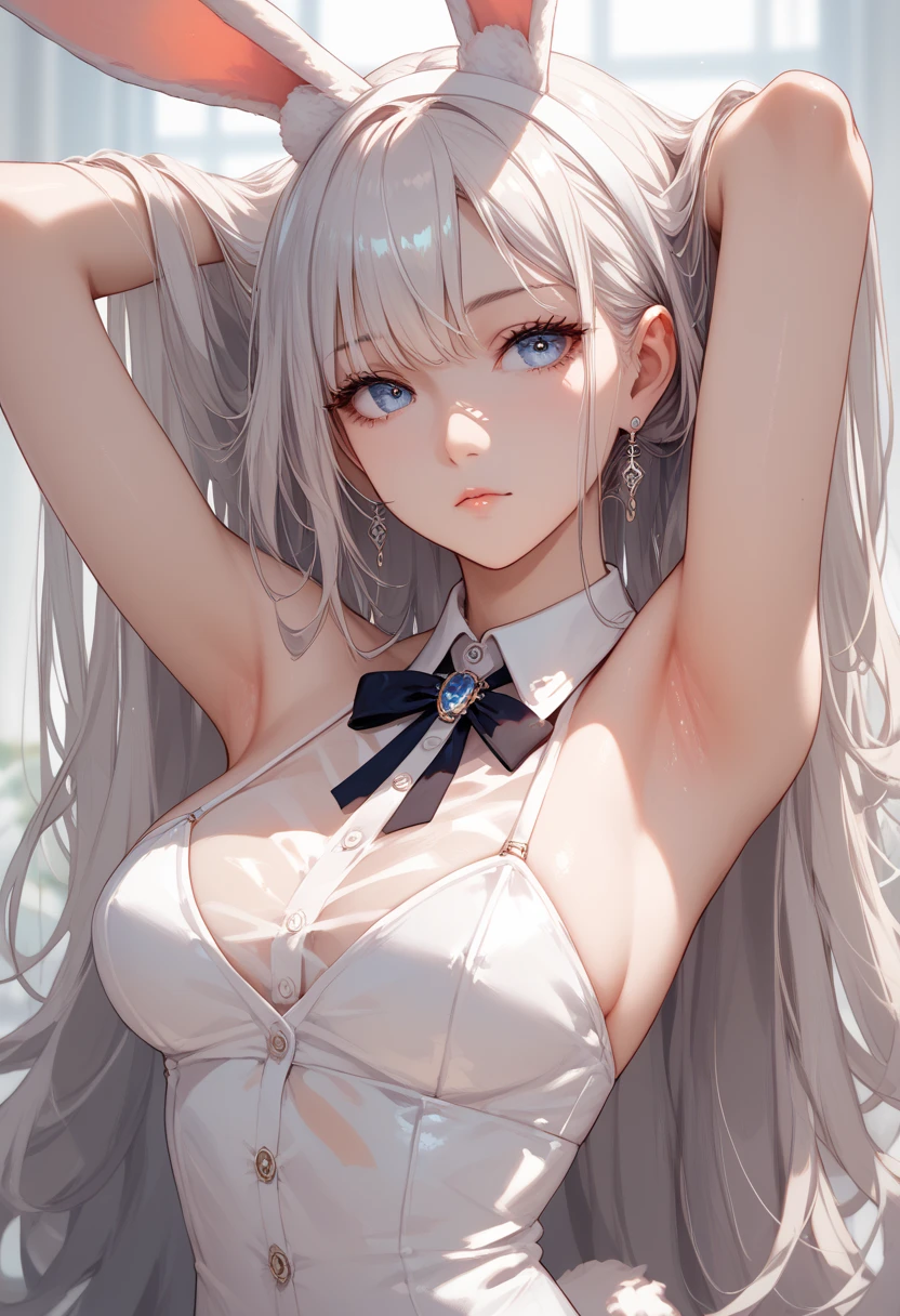 a girl, fille de style anime, mince, slanted eyes, messy long hair, antenna hair, bare shoulders, delicate and sexy collarbone, Photo demi-corps, double eyelids, pink lips, petit nez, focused face, Gros plan du visage, ultra-high-definition, Ultra-detail, elegant standing posture, wear a white T-shirt, Sparkly Skin, closeup shot