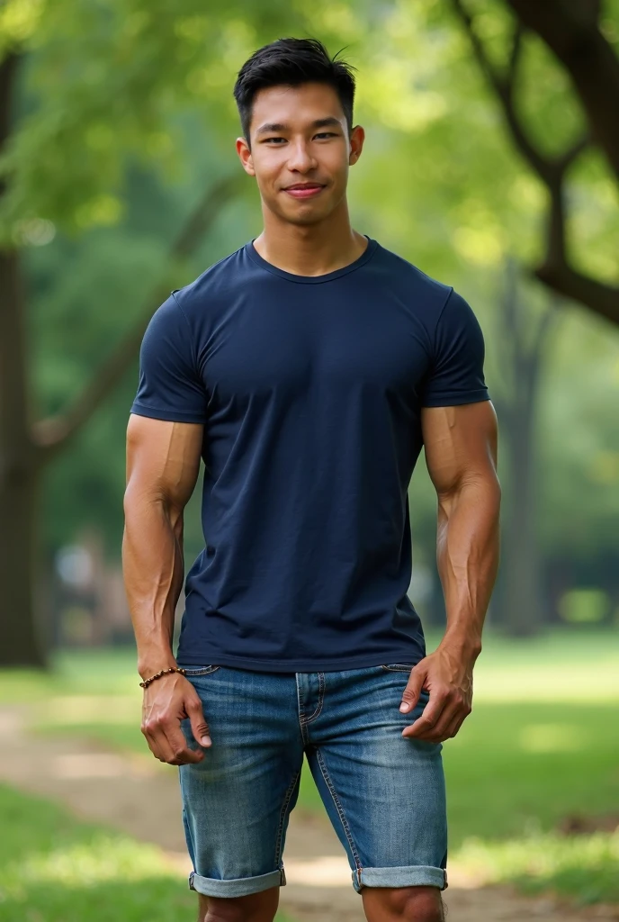 A handsome, muscular young Asian man looks at the camera. In a simple blue t-shirt , Fieldside, grass, beach, sunlight