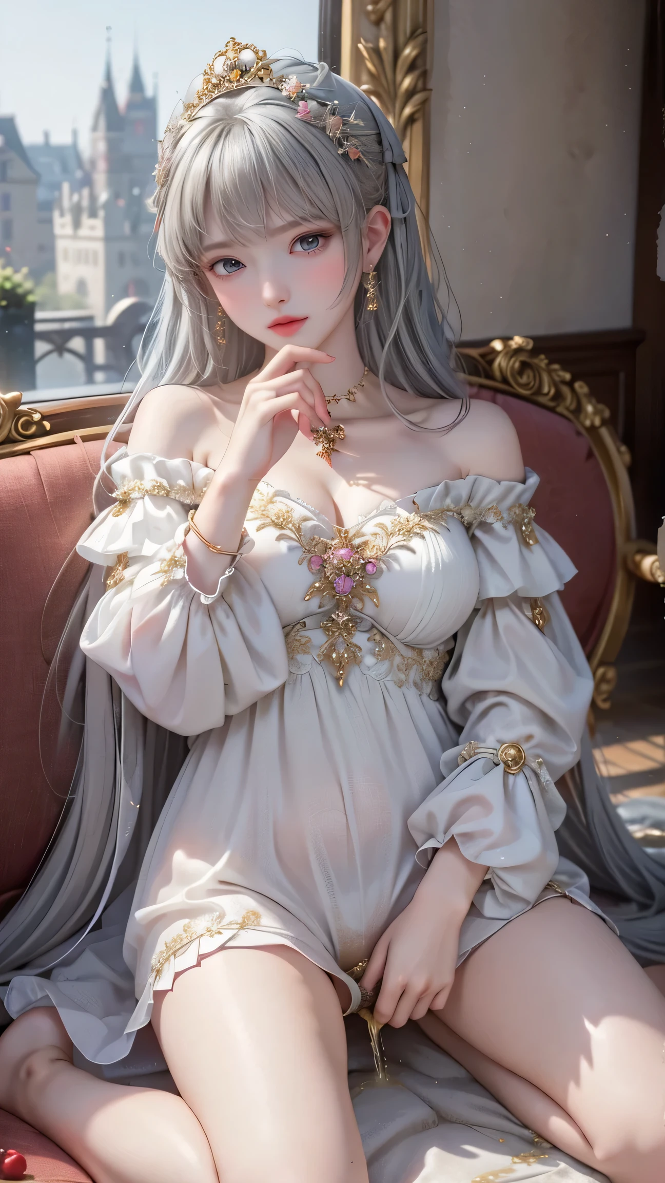 （ girl sitting on the sofa in the castle's large hall）、Beauty、One personの女の子、One person、 long hair、Viewer、smile、 blue eyes、 hair ornament、、gem、Gray Hair、 closes her mouth、 dull bangs、Manicure、 bracelet 、lips、 gray eyes、 portrait、Red nails、close、赤いlips、 holding hands on face 、Put your hand on your cheek、()、(Glowing Skin)、(( pee:1.5)),(( European castles are hazy ))、( off-the-shoulder white dress with a floral pattern )、((Girl with legs spread slightly ))、( I'm spreading my legs)、(( white panties are visible ))、 pee