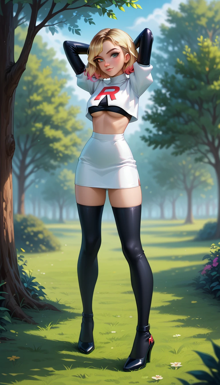 score_9, score_8_up, score_7_up, 1girl, solo, beautiful waifu, thicc, (short hair Gwen Stacy, blonde, colorful highlights:1.2), detailed eyes, detailed face, flirt, Cosplay_TeamRocket, team rocket uniform, white jacket, cropped jacket, white skirt, elbow gloves, black thigh highs, heels, underboob, (arms up, hands behind head, sexy pose:1.3), in beautiful green park, trees, lowlight, early evening, shallow depth of field, (full body shot:1.1).