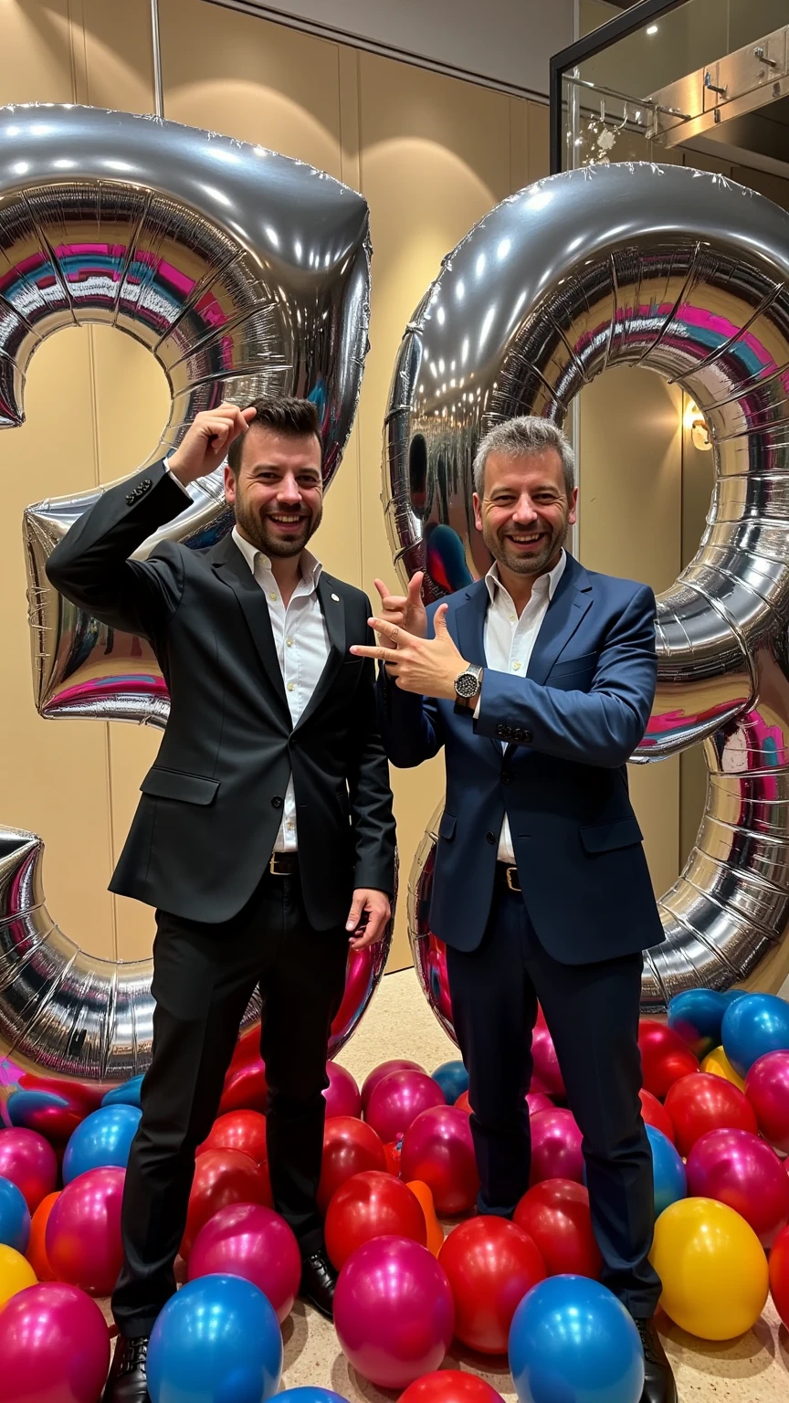 "Ultra-realistic image of two versions of the same man standing between two massive, towering numbers - a crystal-clear, bold '3' and '9' that combine to form '39'. On the left side of the numbers, place a younger version of the man (in his 20s), who is slightly taller, wearing a sharp, modern fitted suit, and has a look of pure amazement with his hands placed on his head in astonishment. On the right side of the numbers, position his older self (in his 60s), who is slightly shorter, also well-dressed in an elegant suit but with grey hair and laugh lines, pointing directly at his younger self with an amused, knowing smile and a hearty laugh. The height difference between the two men should be subtle but noticeable. The numbers must be highly legible and distinct, with sharp edges and precise definition in a modern, elegant font style, standing twice the men's height as gleaming metallic structures. The numbers' visibility and readability should be unmistakable from any viewing angle. Colorful balloons float throughout the scene, some clustering around the crisp numbers, others floating freely in the background. Several balloons are artistically woven between the prominently displayed numbers, creating depth and playfulness without obscuring their clarity. The numbers should have a slight metallic sheen, catching the light dramatically while maintaining their distinct shapes and edges. The lighting should be festive and warm, highlighting both men's contrasting expressions and the bold, unmistakable presence of the numbers 3 and 9."
