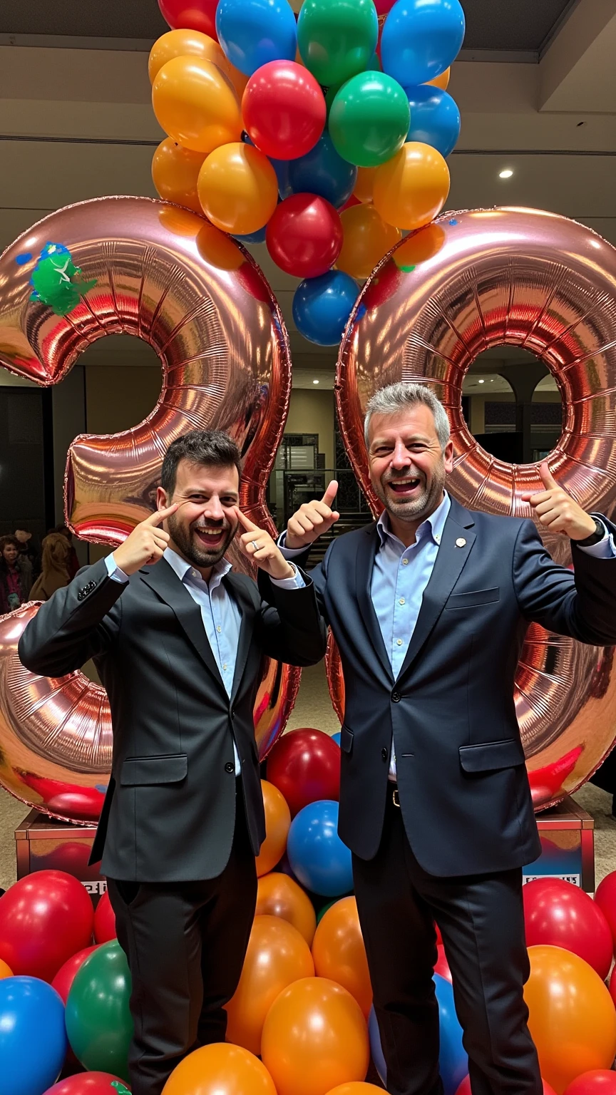 "Ultra-realistic image of two versions of the same man standing between two massive, towering numbers - a crystal-clear, bold '3' and '9' that combine to form '39'. On the left side of the numbers, place a younger version of the man (in his 20s), who is slightly taller, wearing a sharp, modern fitted suit, and has a look of pure amazement with his hands placed on his head in astonishment. On the right side of the numbers, position his older self (in his 60s), who is slightly shorter, also well-dressed in an elegant suit but with grey hair and laugh lines, pointing directly at his younger self with an amused, knowing smile and a hearty laugh. The height difference between the two men should be subtle but noticeable. The numbers must be highly legible and distinct, with sharp edges and precise definition in a modern, elegant font style, standing twice the men's height as gleaming metallic structures. The numbers' visibility and readability should be unmistakable from any viewing angle. Colorful balloons float throughout the scene, some clustering around the crisp numbers, others floating freely in the background. Several balloons are artistically woven between the prominently displayed numbers, creating depth and playfulness without obscuring their clarity. The numbers should have a slight metallic sheen, catching the light dramatically while maintaining their distinct shapes and edges. The lighting should be festive and warm, highlighting both men's contrasting expressions and the bold, unmistakable presence of the numbers 3 and 9."
