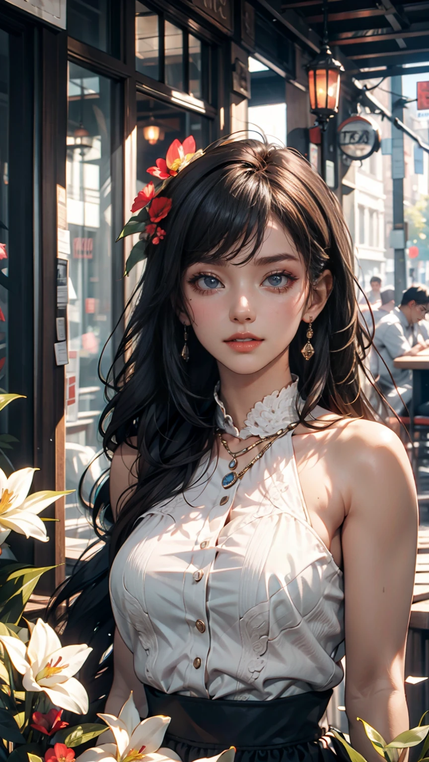 ( Highly Detailed CG Unity 8k Wallpaper ), illumination, sea of flower, flower,  1 girl ,  upper body,  kpop idol,