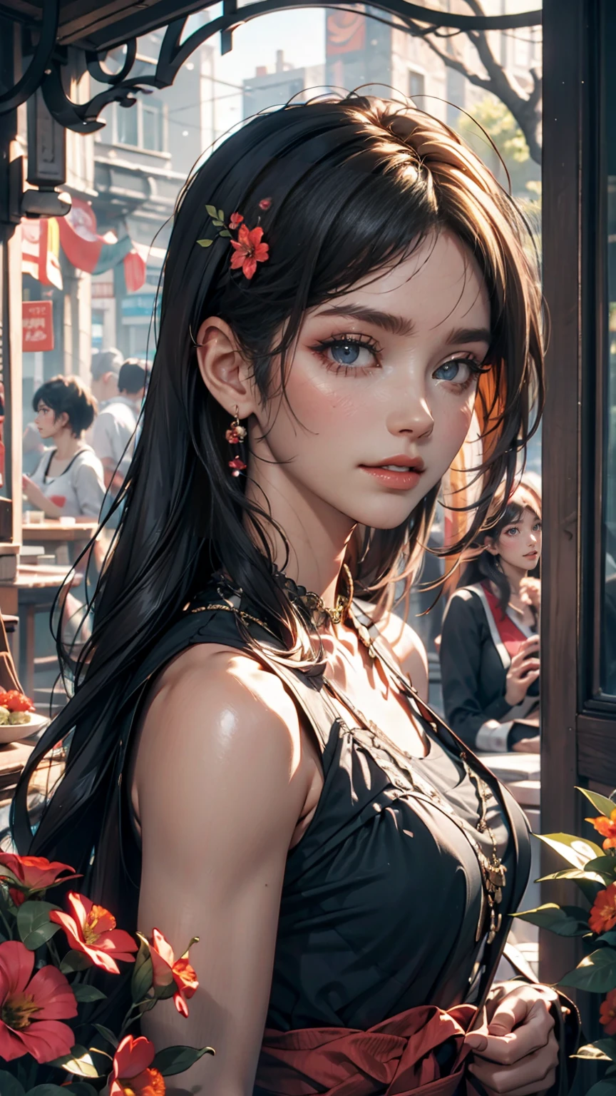 ( Highly Detailed CG Unity 8k Wallpaper ), illumination, sea of flower, flower,  1 girl ,  upper body,  kpop idol,