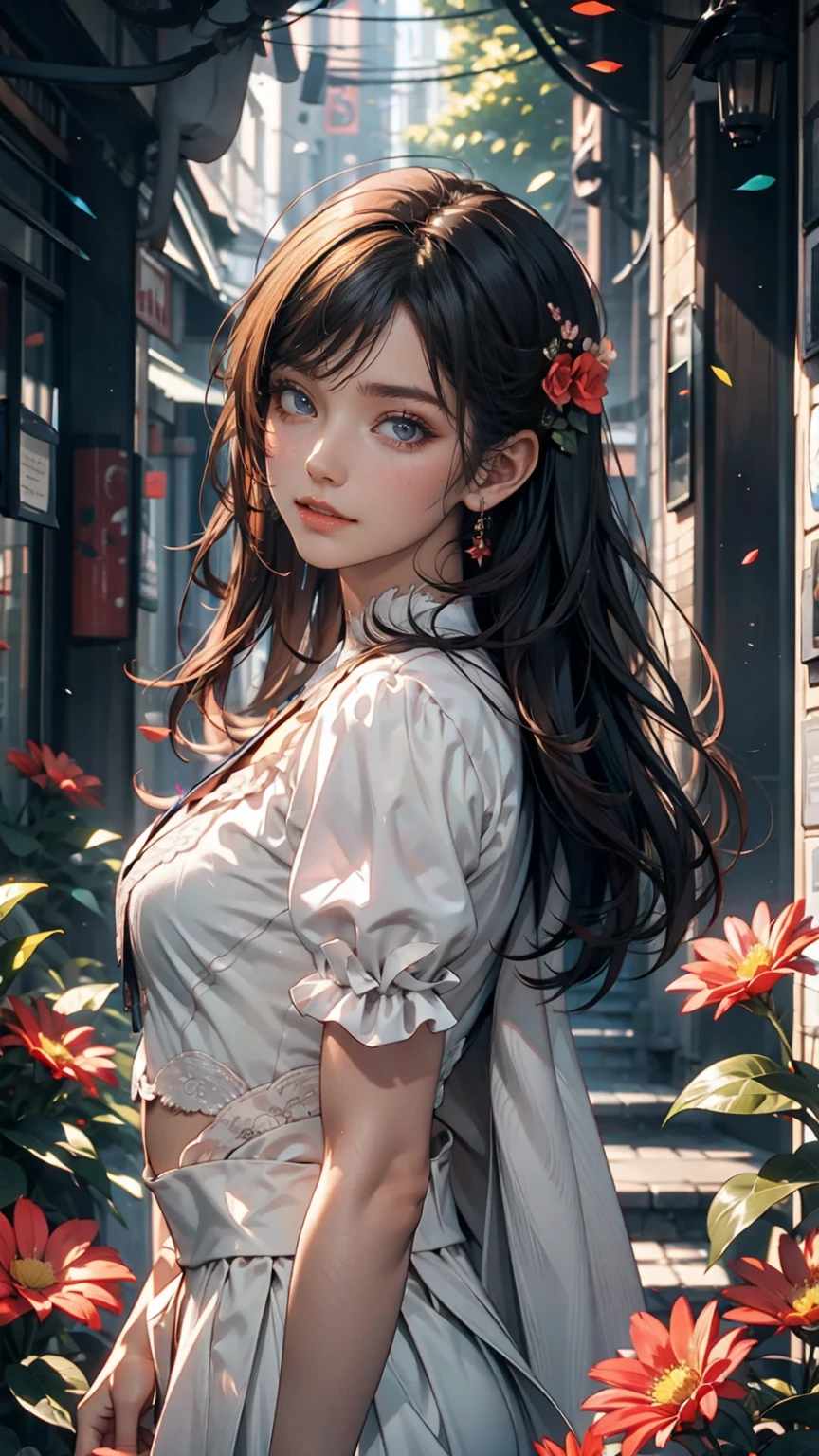 ( Highly Detailed CG Unity 8k Wallpaper ), illumination, sea of flower, flower,  1 girl ,  upper body,  kpop idol,