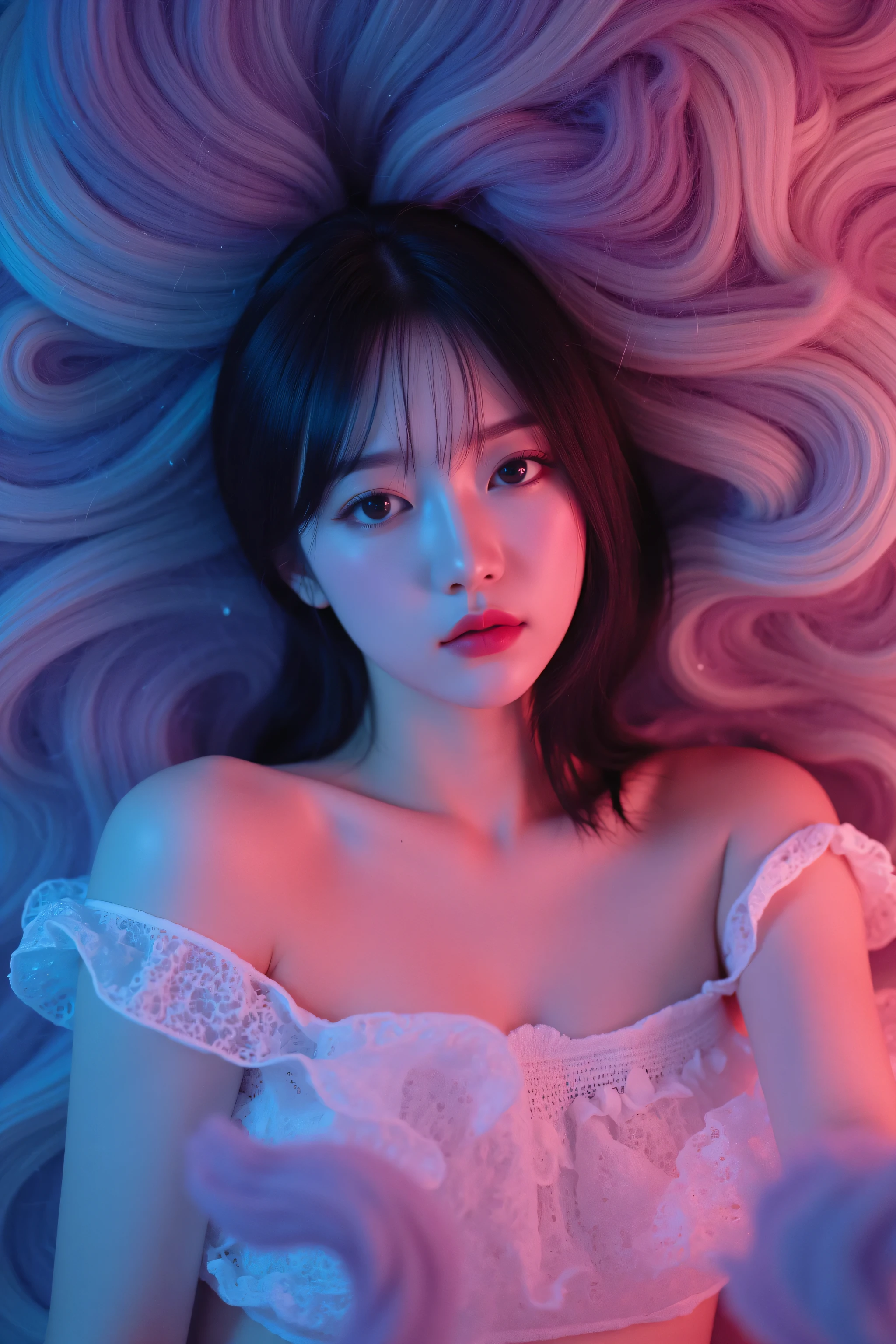 (Asian girl:1.3), beautiful detailed eyes, beautiful detailed lips, extremely detailed eyes and face, long eyelashes, upper body, from side, looking at viewer, (fractal art:1.3), (rainbow color hair, colorful hair, half blue and half pink hair:1.2), water, liquid, cloud, colorful, starry, stars, (best quality, 4k, 8k, highres, masterpiece:1.2), ultra-detailed, (realistic, photorealistic, photo-realistic:1.37), vibrant colors, studio lighting, extremely detailed description, professional, concept art