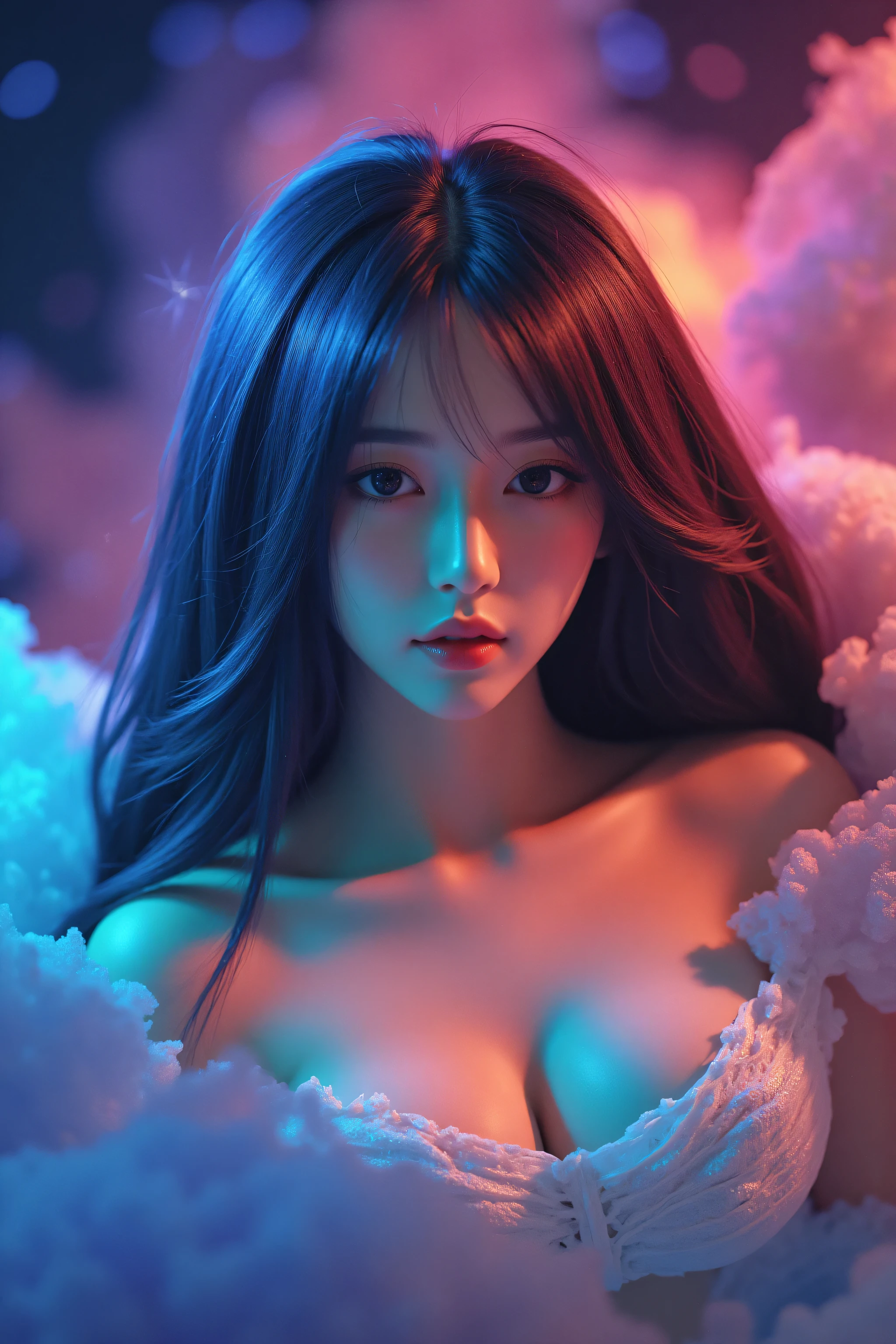 (Asian girl:1.3), beautiful detailed eyes, beautiful detailed lips, extremely detailed eyes and face, long eyelashes, upper body, from side, looking at viewer, (fractal art:1.3), (rainbow color hair, colorful hair, half blue and half pink hair:1.2), water, liquid, cloud, colorful, starry, stars, (best quality, 4k, 8k, highres, masterpiece:1.2), ultra-detailed, (realistic, photorealistic, photo-realistic:1.37), vibrant colors, studio lighting, extremely detailed description, professional, concept art