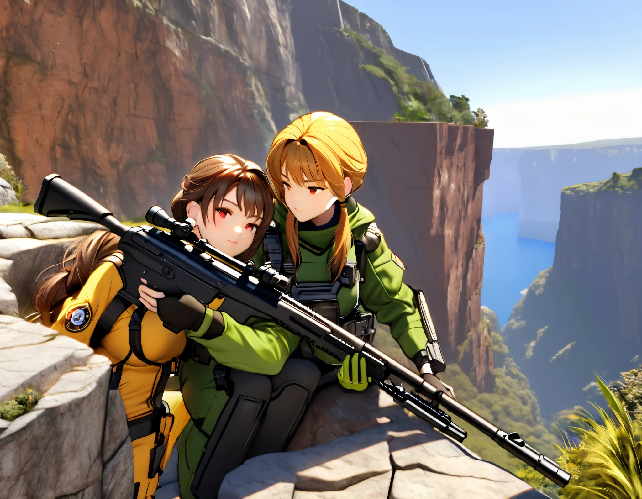  top quality、  Masterpiece  、(( very detailed CG integration 8K wallpaper)), On a Small Cliff 、(((２ women )))、((( Female Spotter 、Female Sniper)))、2 Person Cell :1.2、 Sniper and Spotter :1.2、((( Spotter Observing 、 Napping Sniper )))、Ghillie Suit、