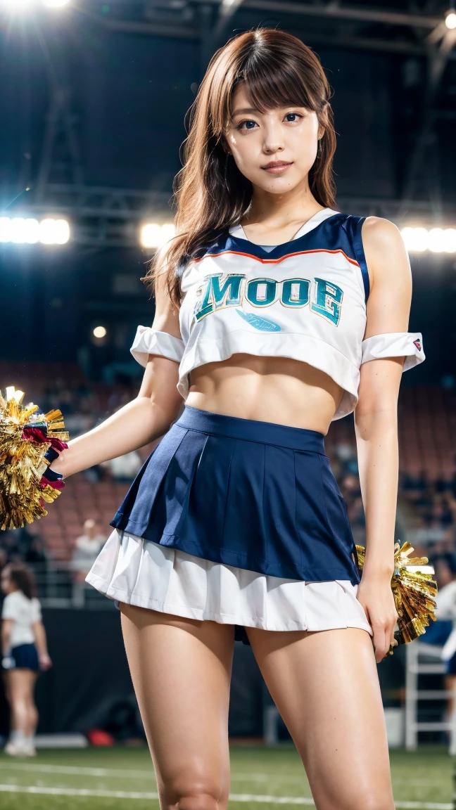 A beautiful young Japanese woman, 20 years old, with perfect anatomy, healthy thighs, beautiful feet, flawless skin, random hair color and style, large bust, (she is standing:1.2), wearing a cheerleader uniform with micro-pleated miniskirt, in a full body shot, standing in a stadium, (best quality,4k,8k, highres, masterpiece:1.3), (extremely detailed:1.2), Kasumi Arimura