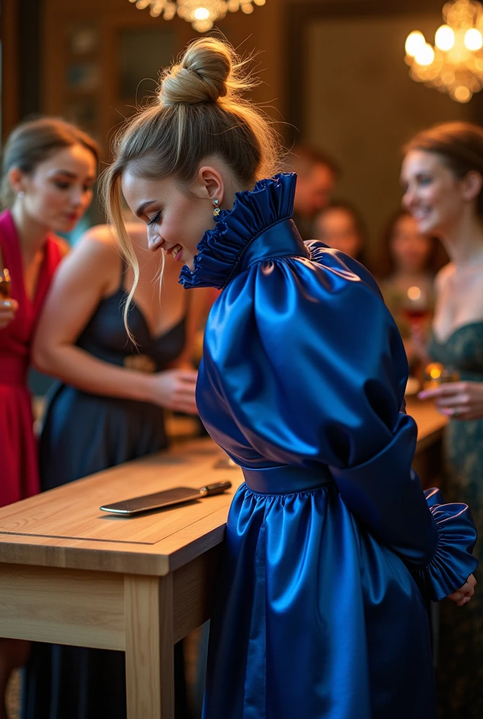 solo, realistic, photorealistic, natural lighting, (large forehead, (((Latvian woman))), (((Latvian nose))), (((Latvian eyes))), (((blonde))), (((braids))), (((Latvian face))), (((Latvian lips))), (((Latvian body))), (((fair complexion))) smiling, wearing Kimono Sleeve Dress, cleavage, pose: standing, background: A high-tech nightclub where guests can interact with cutting-edge technology, such as touch-sensitive dance floors, motion-activated light installations, and AI-generated music. The decor is sleek and modern, with minimalist furniture and LED lighting. The club offers tech demos, VR experiences, and digital art displays, making it a hotspot for tech enthusiasts.