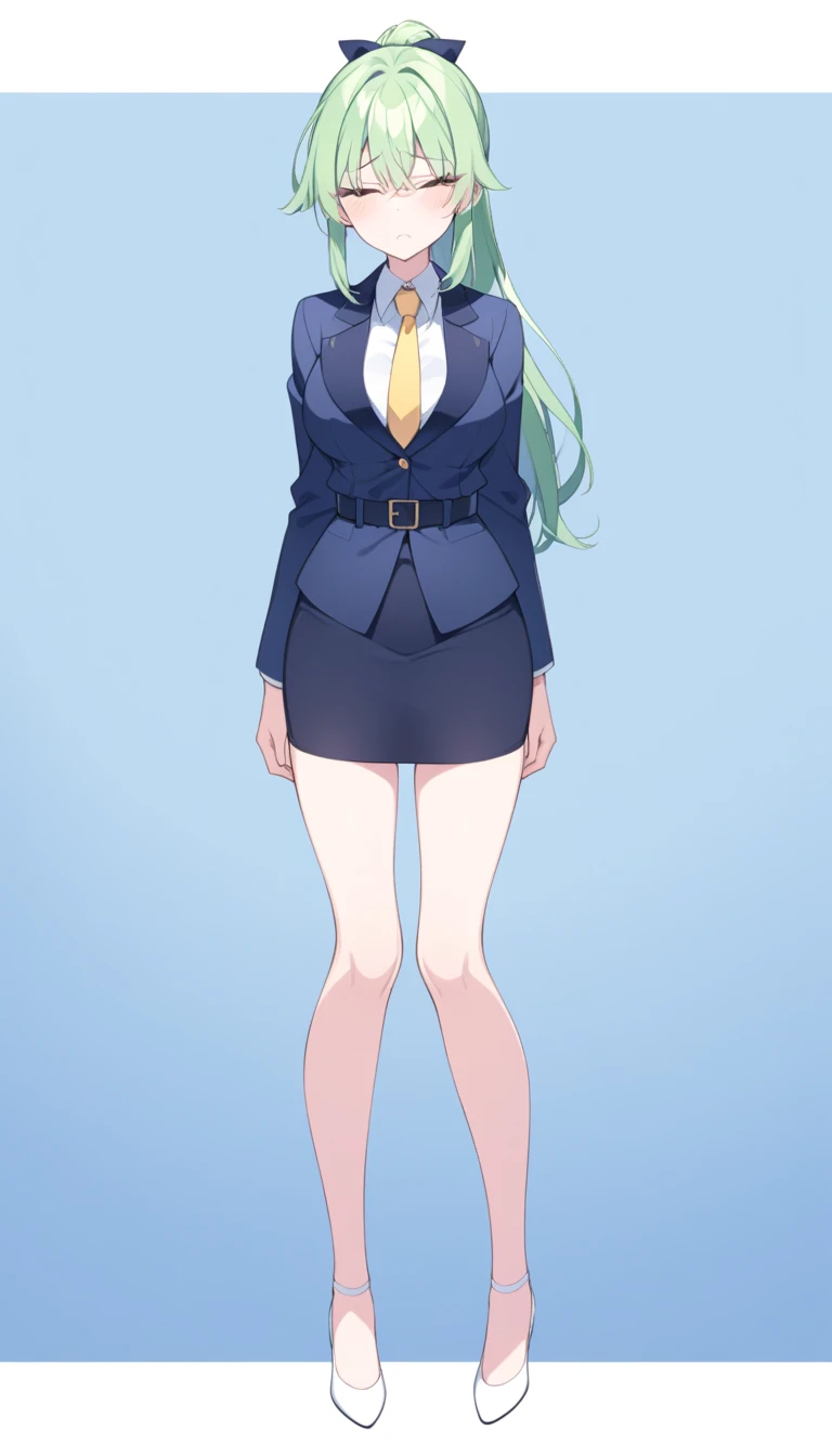 (masterpiece:1.37), best quality, (extremely detailed:1.37), (1girl:1.5), woman, (mature:1.5), (adult:1.5), jingliu, white hair, long hair, ponytail, hair ribbon, red eyes, earrings, jewelry, business suit, necktie, very long pencil skirt, pantyhose, (extremely detailed eyes:1.37), (wetting self:1.5), desperation, standing, embarrassed, humiliation, blushing, angry, cherry blossoms, garden, (golden hour:1.5), full body