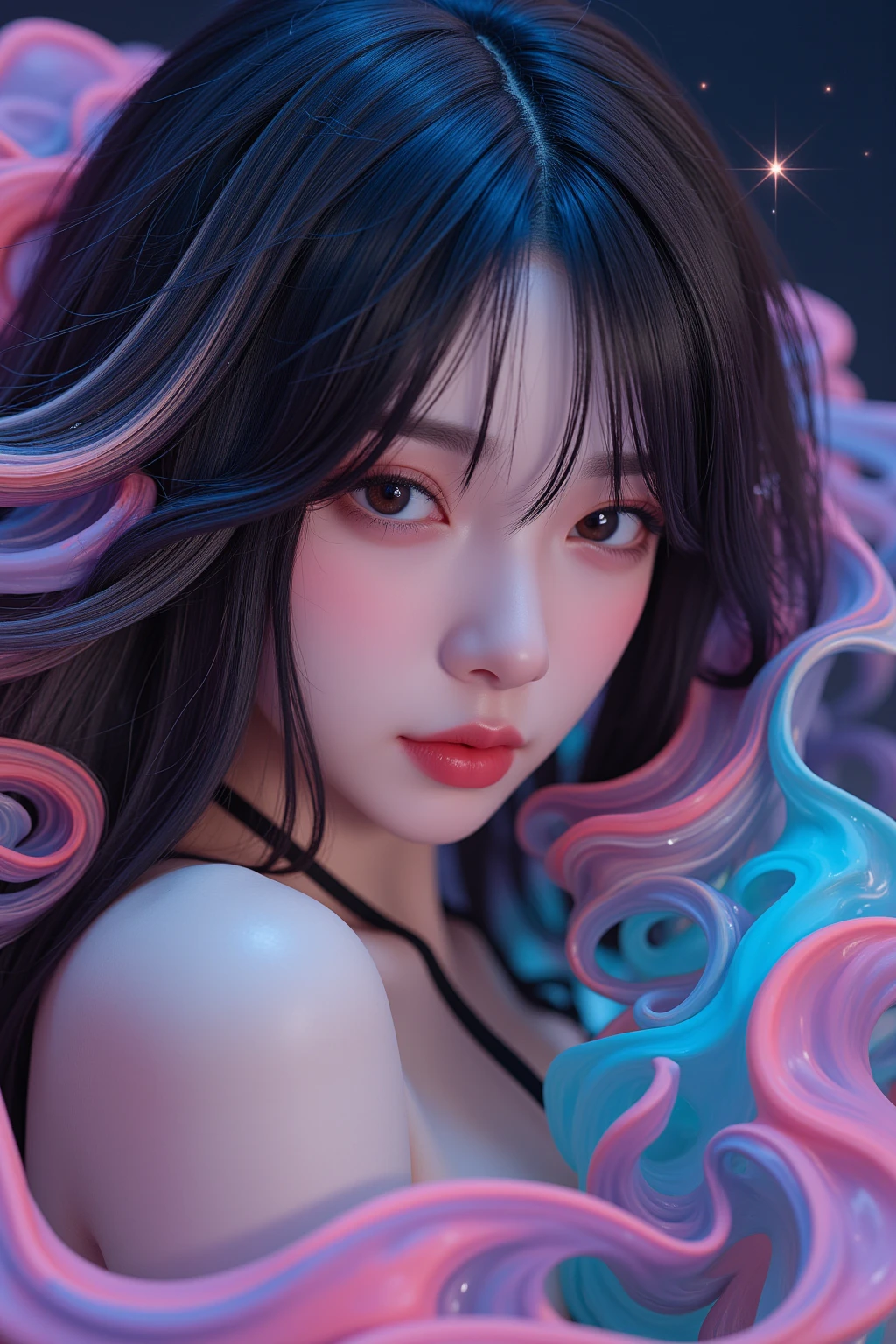 (Asian girl:1.3), beautiful detailed eyes, beautiful detailed lips, extremely detailed eyes and face, long eyelashes, upper body, from side, looking at viewer, (fractal art:1.3), (rainbow color hair, colorful hair, half blue and half pink hair:1.2), water, liquid, cloud, colorful, starry, stars, (best quality, 4k, 8k, highres, masterpiece:1.2), ultra-detailed, (realistic, photorealistic, photo-realistic:1.37), vibrant colors, studio lighting, extremely detailed description, professional, concept art