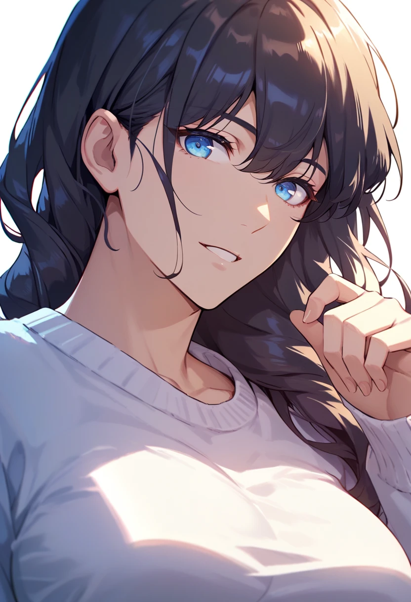 1girl, eyes focus, beautiful female, solo, toned, mature, upper body, sweater, looking at viewer, black hair, wavy hair, blue eyes, bangs, arms behind, large breasts, simple background, white background, best quality, amazing quality, best aesthetic, absurdres
