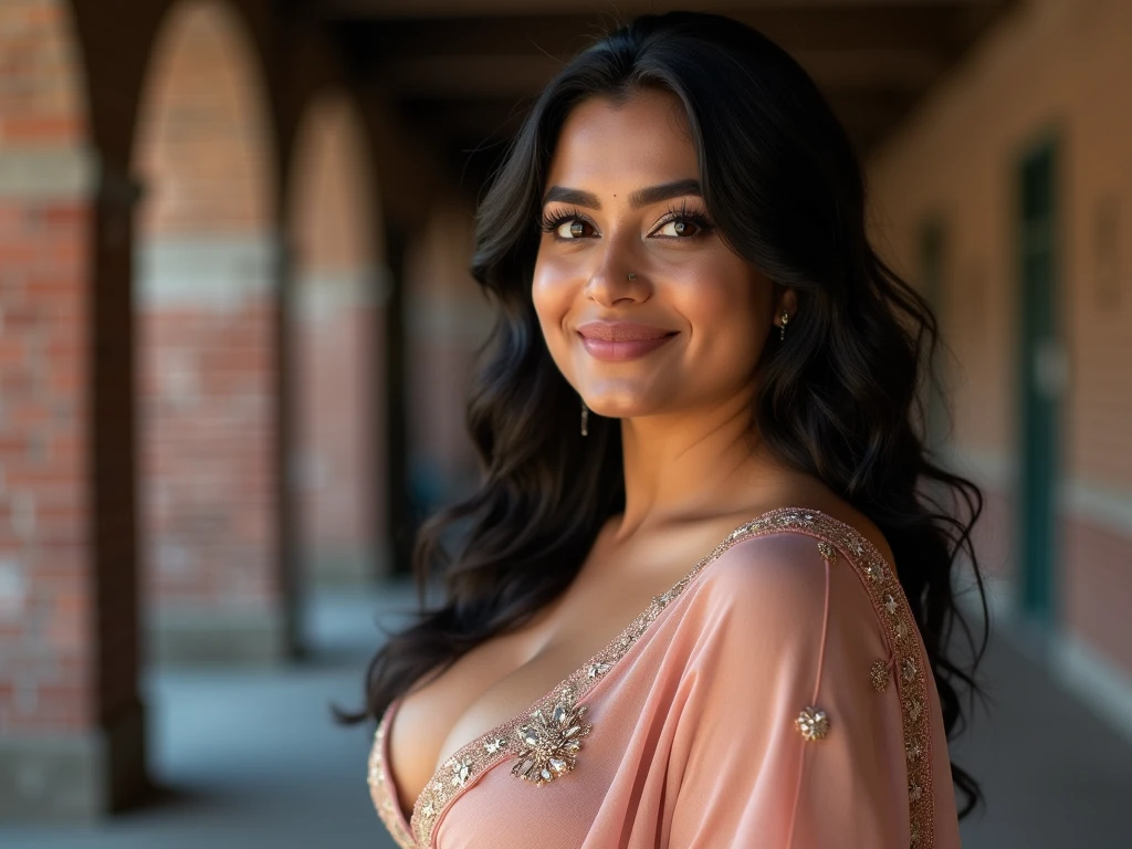 (one-1-person:1.2), beautiful arab lady, skinny , big smile, dark makeup, hyperdetailed photography, soft light, upper body portrait, cover, big tits 