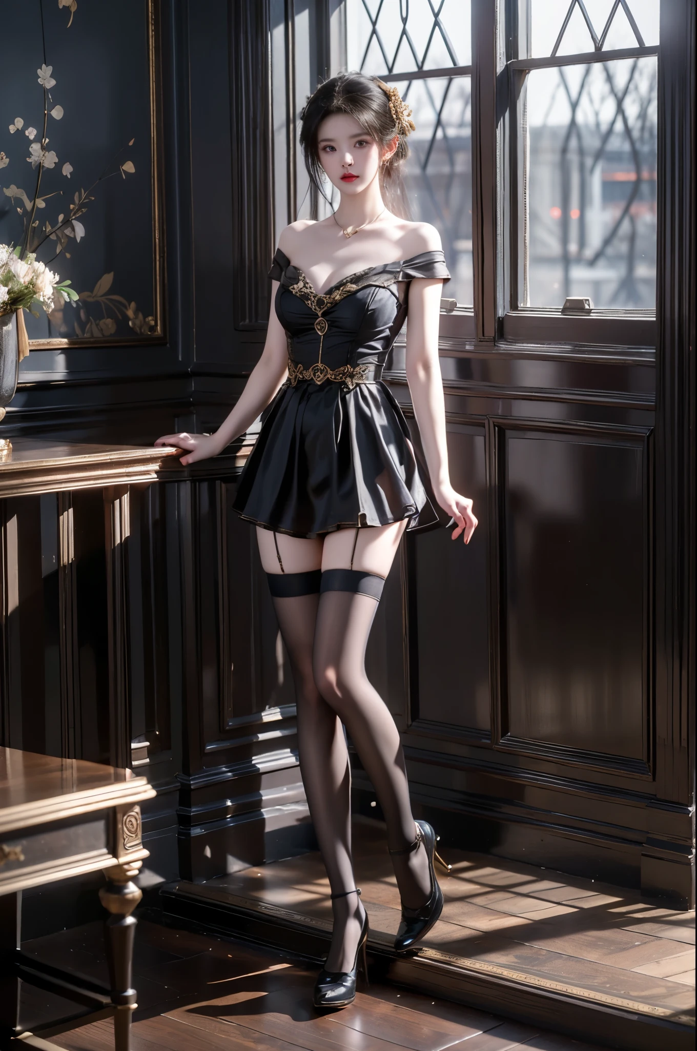 hujia cos,thighhighs, red skirt, , ((full body:1.4)), ((a beautiful fashion model)), standing in an elegant rococo style room, (Full breasts, visible cleavage, very short hemlines, revealing smooth thighs), leaning on the window sill, perfect long legs, professional model pose, hands on knees, leaning forward, slim t-walk proportion, photorealistic, hyperrealistic details, perfect facial features, fashion photography, professional lighting, warm tungsten lights in dark room, moody atmosphere, night scene, golden ratio composition, high-end fashion editorial, soft shadows, dimly lit interior, ornate baroque furniture, vintage wallpaper, luxury curtains, perfect symmetry, sharp focus, canon EOS R5, 85mm portrait lens, dramatic lighting, volumetric lighting, cinematic, ultra detailed, 8k resolution