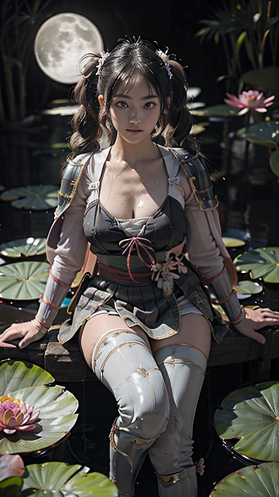  Sexy female character wearing white armor as a warrior from the Sengoku period 、((twintails, spiral curls hair))、((onyx black hair))、((toned body))、(glistening skin)、 Tight Body 、((mega breasts 1.8))、 plump breasts 、 plump thighs 、 The white armor with the water lily flower pattern engraved on it is a bikini type and is designed to highlight chest exposure、( Wear a cape with a water lily flower pattern )、gypsy skirt、 white shin guard with a water lily flower engraved on it 、White high-leg underwear 、White tights、 absolute domain、((acrobatic pose))、Dramatic lighting、night sky with star、Big Moon、(( Water lily flowers in full bloom in the background ))、(( Large water lily flowers blooming in full bloom on the front ))、 cinema-like scene 、Background water lily 、 Max Image、 Ultra High Definition、8k