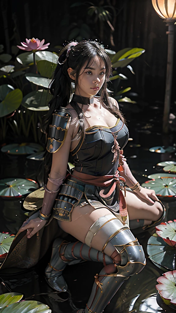  Sexy female character wearing white armor as a warrior from the Sengoku period 、((twintails, spiral curls hair))、((onyx black hair))、((toned body))、(glistening skin)、 Tight Body 、((mega breasts 1.8))、 plump breasts 、 plump thighs 、 The white armor with the water lily flower pattern engraved on it is a bikini type and is designed to highlight chest exposure、( Wear a cape with a water lily flower pattern )、gypsy skirt、 white shin guard with a water lily flower engraved on it 、White high-leg underwear 、White tights、 absolute domain、((acrobatic pose))、Dramatic lighting、night sky with star、Big Moon、(( Water lily flowers in full bloom in the background ))、(( Large water lily flowers blooming in full bloom on the front ))、 cinema-like scene 、Background water lily 、 Max Image、 Ultra High Definition、8k