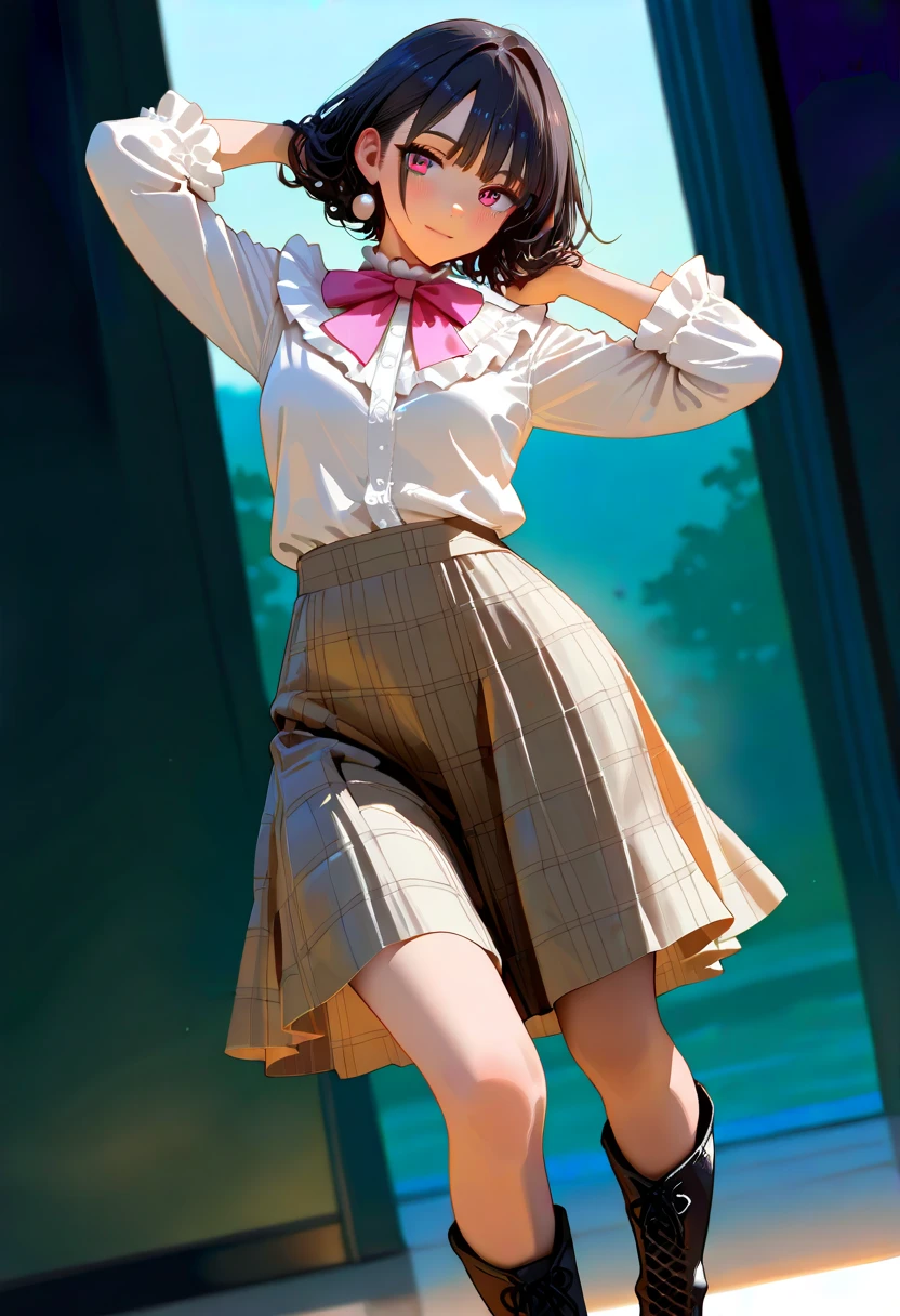 masterpiece,hires,best quality,perfect anatomy,dynamic angle,1girl,solo,black hair,pink bowtie,frill blouse,tweed skirt,short boots,elegant pose,detailed facial features,intricate hairstyle,natural lighting,warm color palette,cinematic composition,detailed textures,high fashion,studio quality,