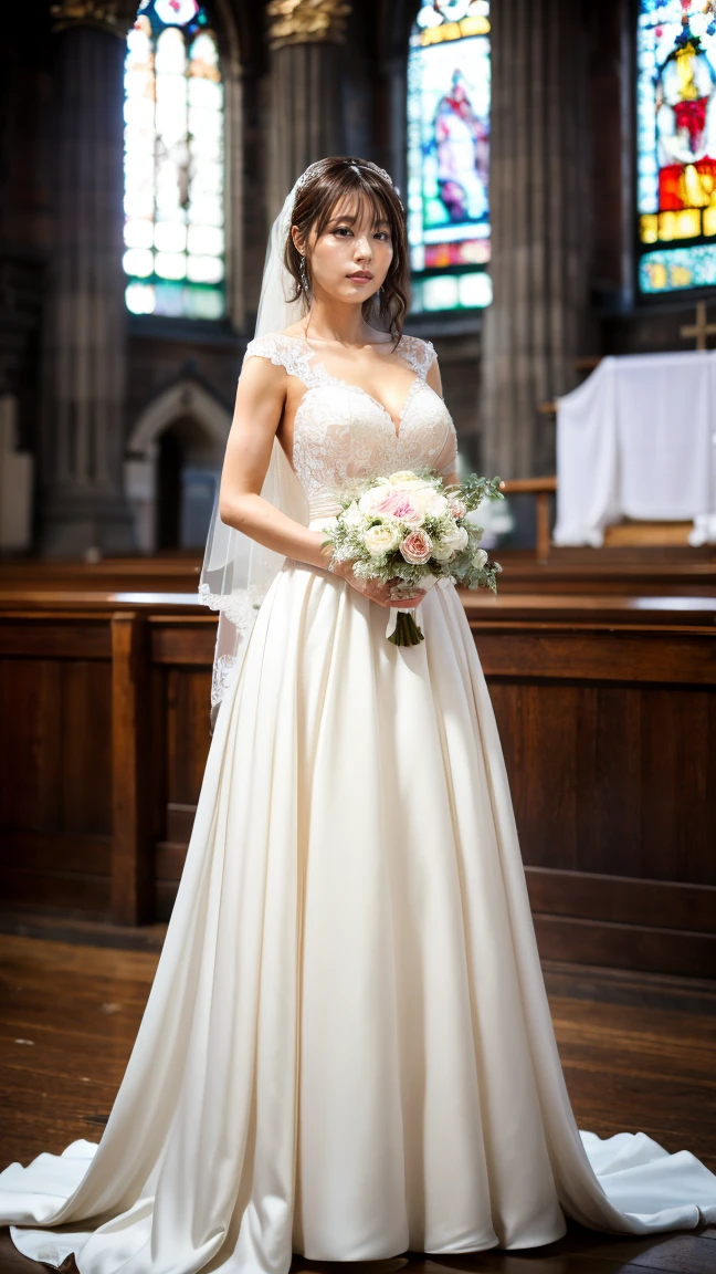 A beautiful young Japanese woman, 26 years old, with healthy thighs, beautiful legs, flawless skin, random hair color and style, large breasts, wearing a (wedding dress:1.3), (she is standing:1.2), full body shot, high heels, holding a bouquet in her hands, in a church setting, (best quality,8k, masterpiece:1.3), (extremely detailed:1.2), perfect anatomy, Kasumi Arimura