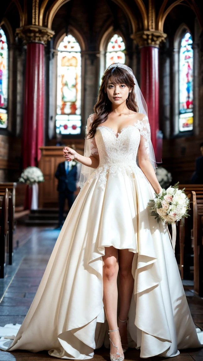 A beautiful young Japanese woman, 26 years old, with healthy thighs, beautiful legs, flawless skin, random hair color and style, large breasts, wearing a (wedding dress:1.3), (she is standing:1.2), full body shot, high heels, holding a bouquet in her hands, in a church setting, (best quality,8k, masterpiece:1.3), (extremely detailed:1.2), perfect anatomy, Kasumi Arimura