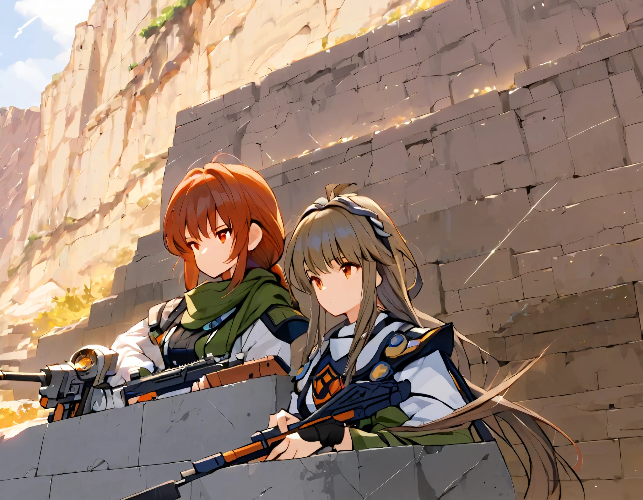  top quality、  Masterpiece  、(( very detailed CG integration 8K wallpaper)), On a Small Cliff 、(((２ women )))、((( Female Spotter 、Female Sniper)))、2 Person Cell :1.2、 Sniper and Spotter :1.2、((( Spotter Observing 、 Napping Sniper )))、Ghillie Suit、battlefield、