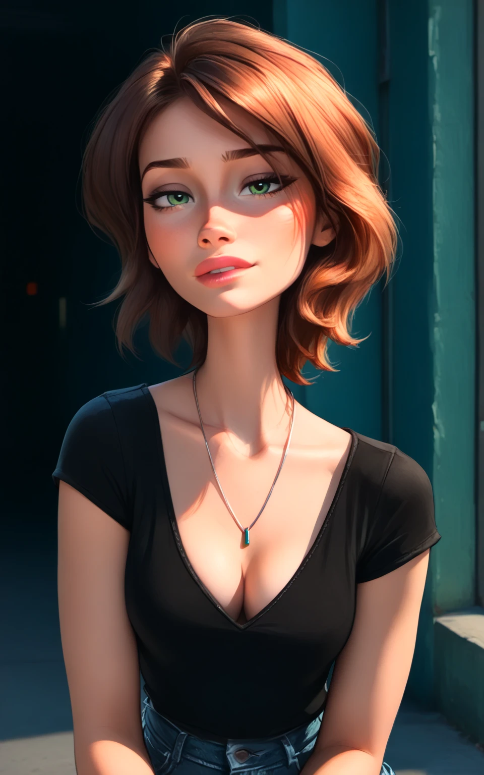 auntcass, 1girl, brown hair, short hair, solo, black shirt, necklace, green eyes, jeans, bracelet, medium breasts, teasing her cleavage, (deep cleavage), wide hips:1.5, thin waist, perfect body shape, (seductively looking at viewer:1.4), girl tucks a curl behind her ear with her hand, one hand next to ear, she leaned forward to tease her cleavage, looking at viewer, (bite her lip), squeeze her breast accidentally, sexy, sultry girl,