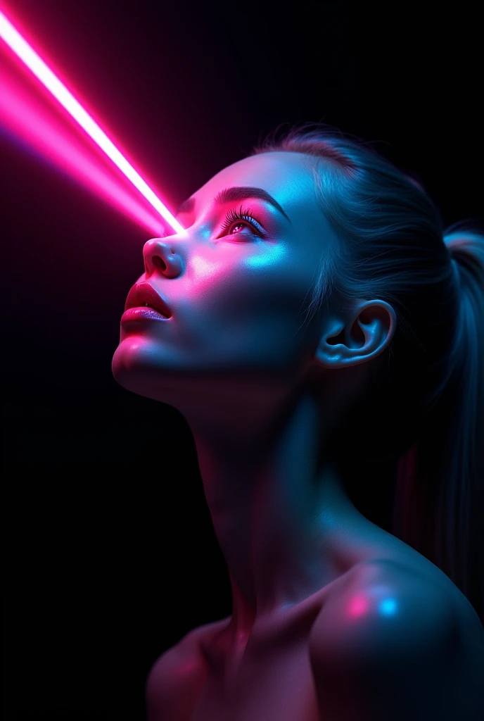 On a black background in the center, the monochrome metal head of a beautiful girl (she is futuristyc and rave) with plump eyes looks up and rainbows lasers flow out of her eyes and a super high-quality image flows into the dark. Raw in very detailed and pink-blue shades