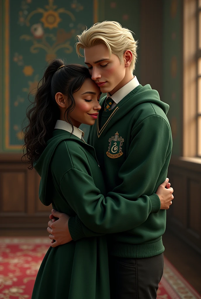 A video of Draco Malfoy hugging an 11 year old brunette girl with curly black hair and long natural nails who has breasts and is tall