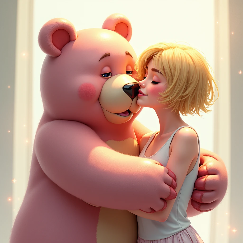 (masterpiece, 8K, UHD, RAW), A sexy blonde girl kissing a evil winnie the pooh in bed, (((a beautiful young woman riding on top of one huge horrific winnie the pooh))), (she rides the male winnie the pooh with lustful femininity), her beautiful body is covered by a sheer translucent white lace bra with Art Nouveau embroidery, big sexy perky breasts, her pristine delicate features contrasts with the horrendous menacing fangs of the corrupted male winnie the pooh, full body vibrant illustrations, intricately sculpted, realistic hyper-detailed portraits, queencore, depicts real life, the scene happens in a luxurious Art Nouveau boudoir with studio illumination, red and teal silk satin